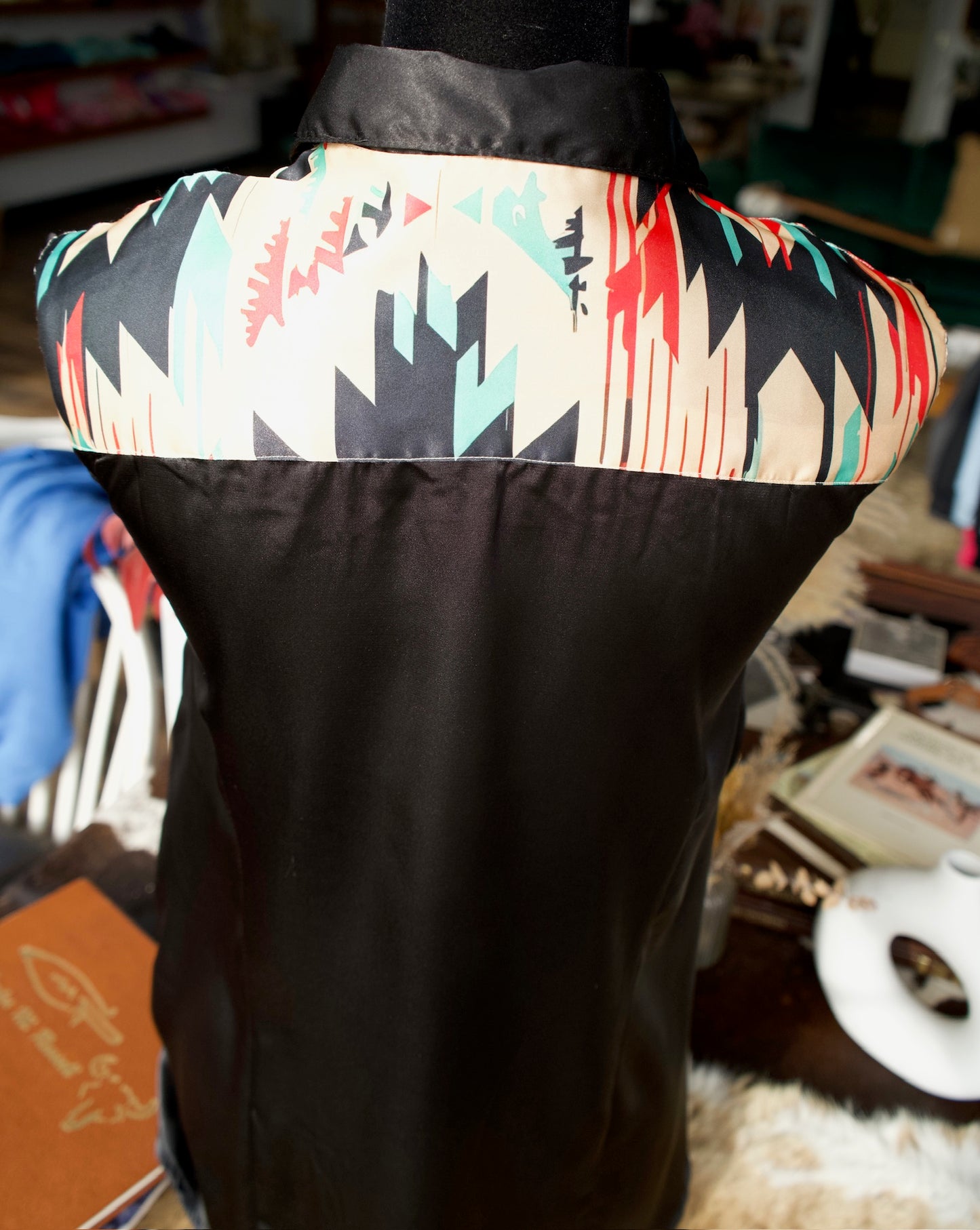3XL - Cream, Black & Red Aztec on Black Button Down