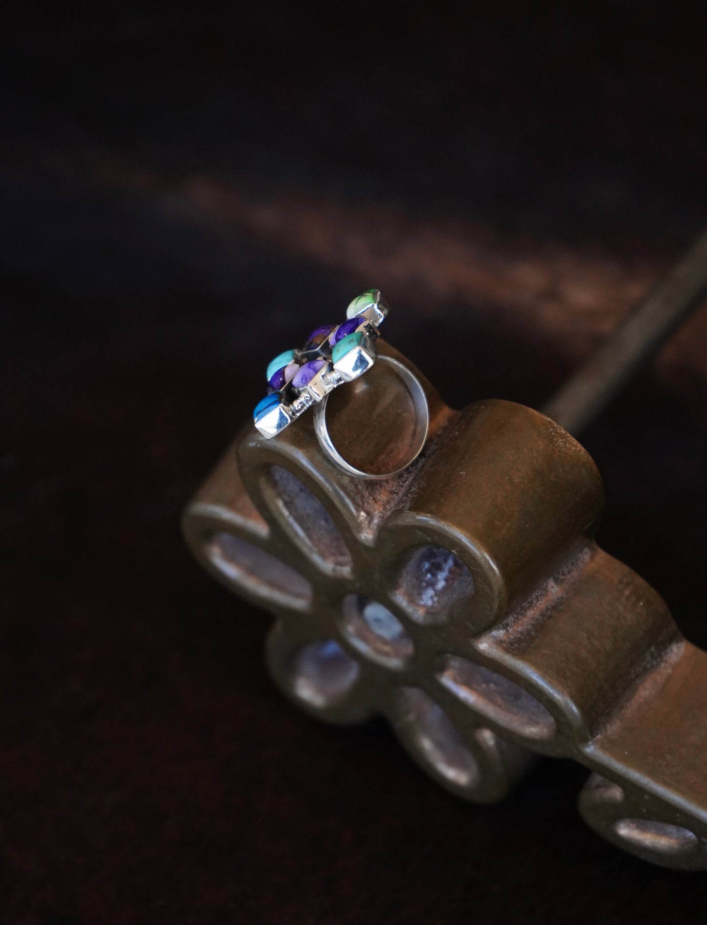 Turquoise & Dahlia Multi-Stone Ring Cluster Ring - Sz 8
