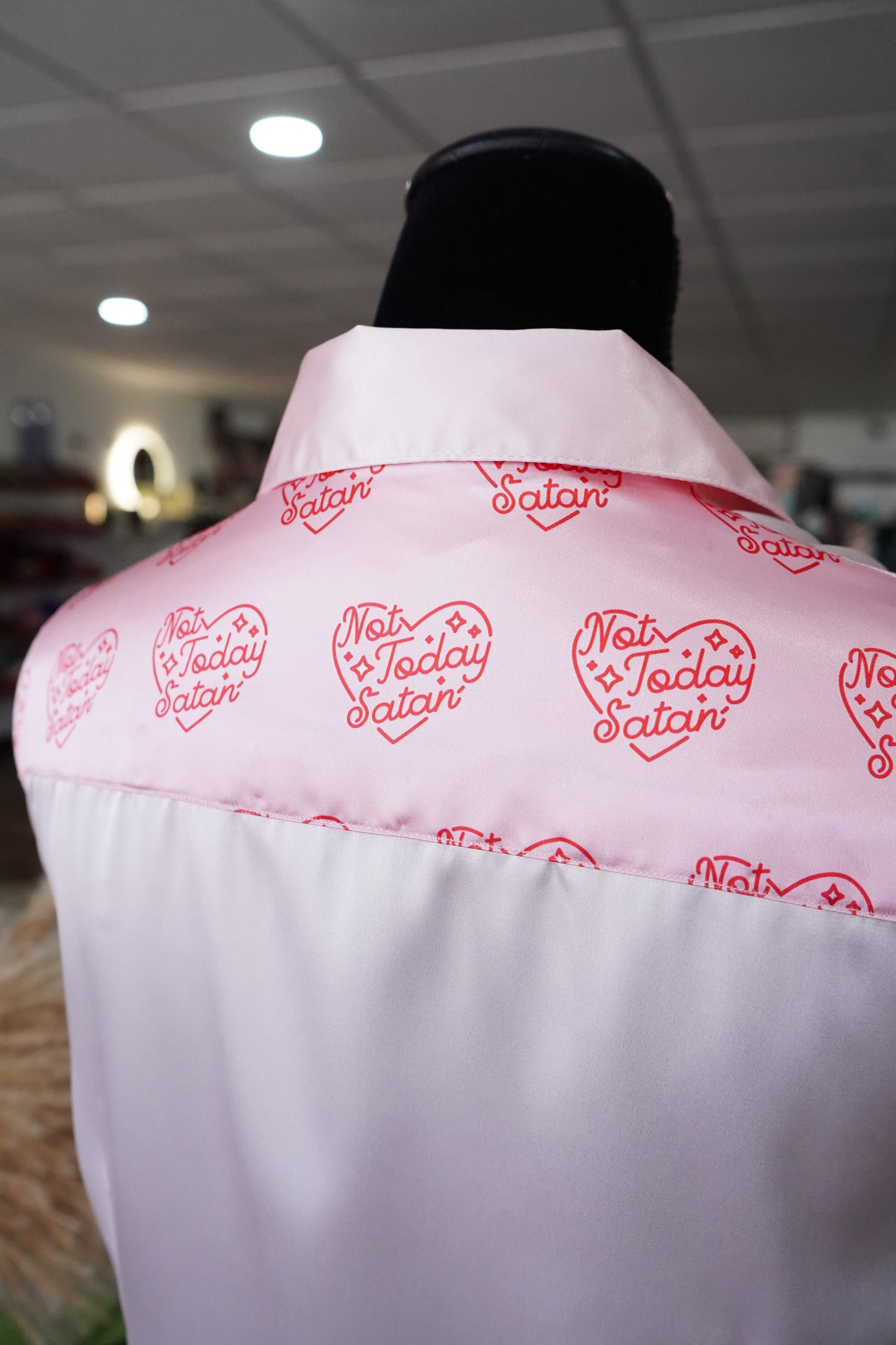 L - Not Today Satan on Light Pink Satin Button Down