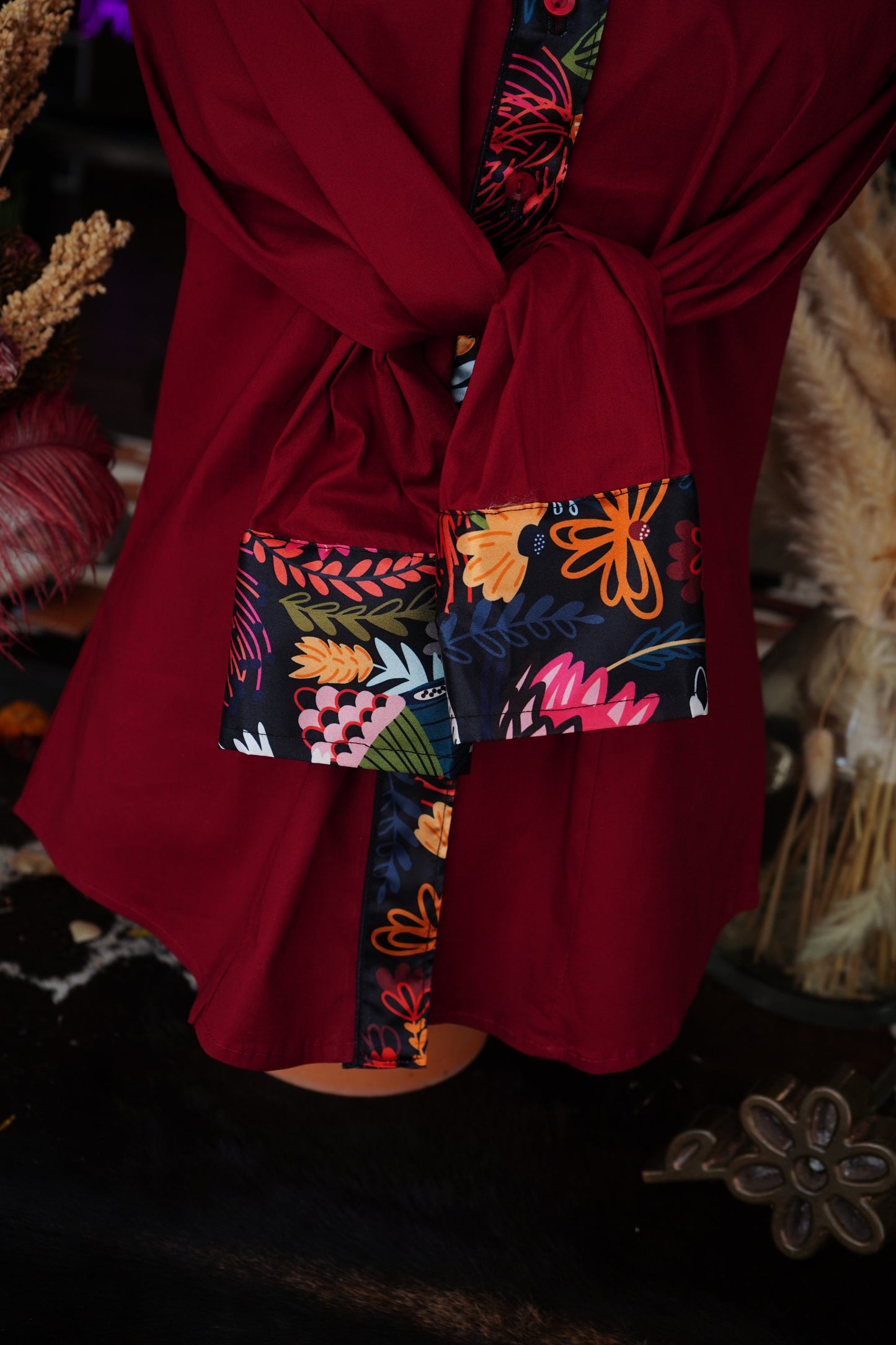 XL - Burgundy Cotton w/ Black Wildflowers Button Down