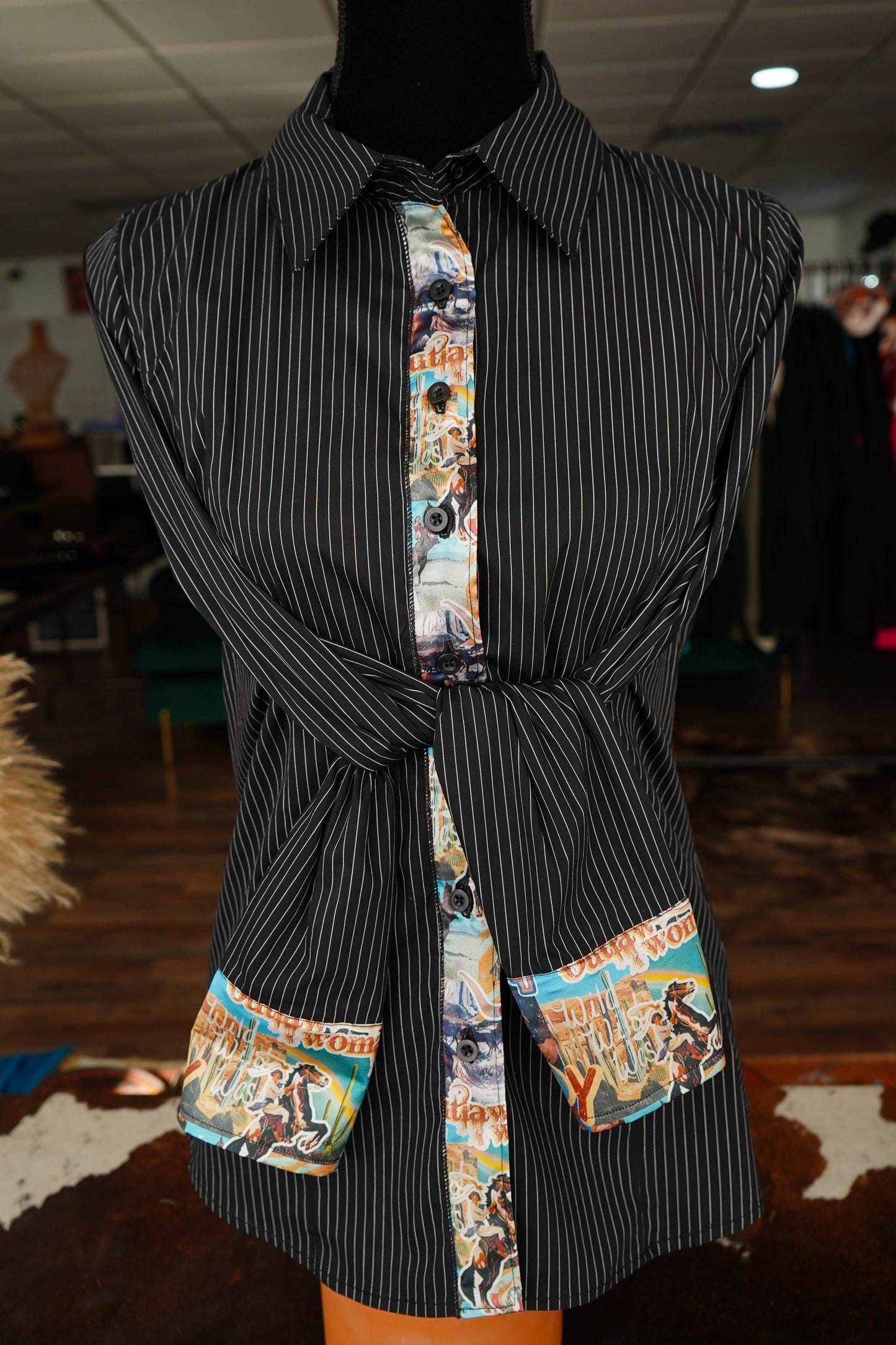 M - Calamity Jane on B/W Stripe Cotton Button Down