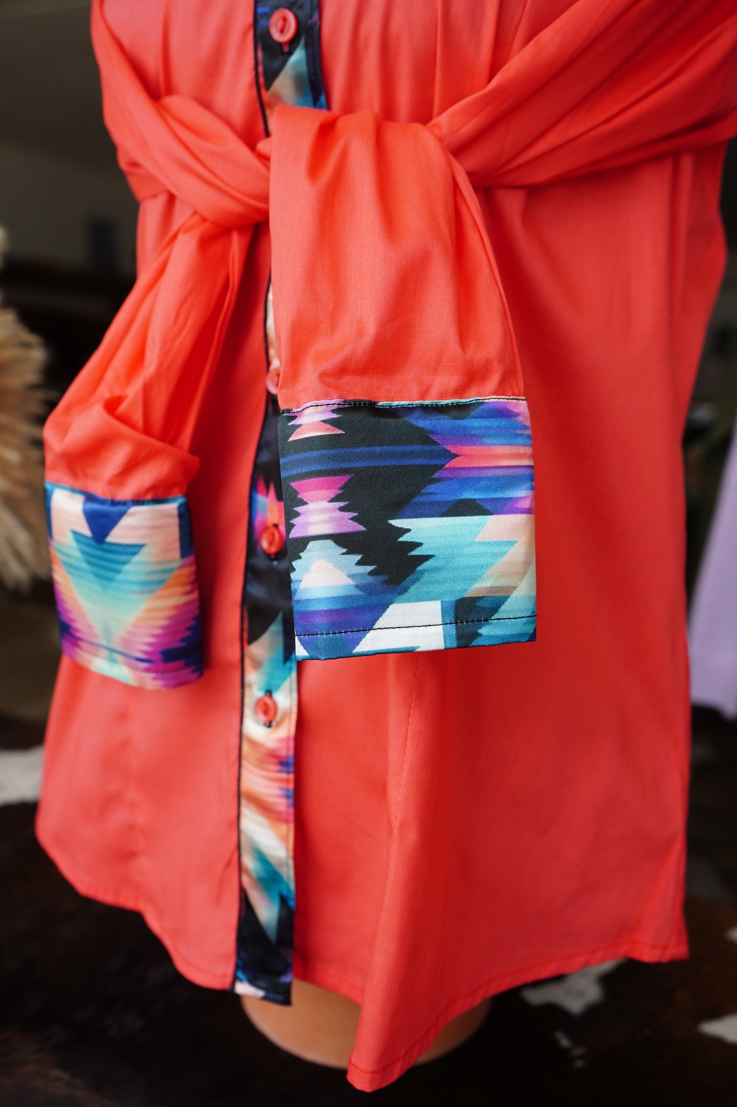 XL - Kaleidoscope Aztec on Hot Coral Cotton Button Down