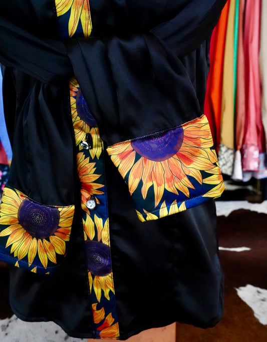 S - Large Sunflowers on Black Satin Button Down