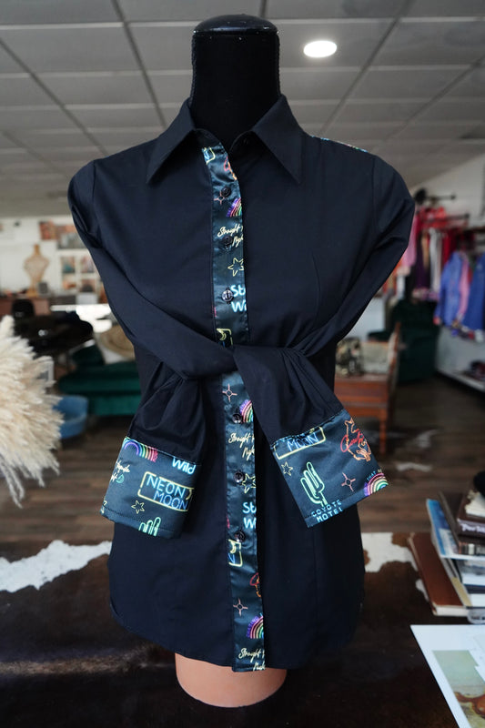 S - Neon Moon on Black Cotton Button Down