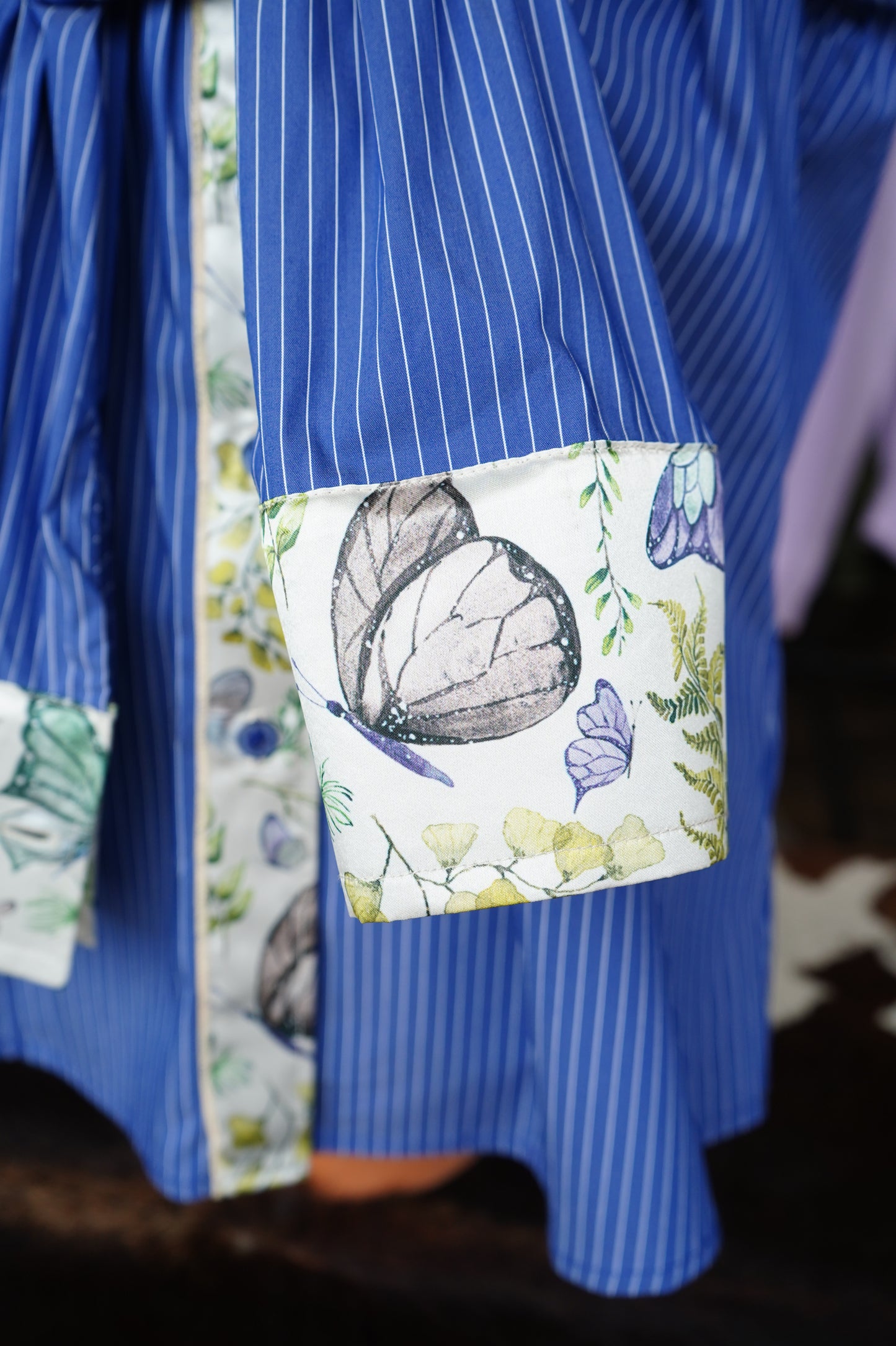 XL - Butterflies & Leaves on Denim & Blue Striped Cotton Button Down
