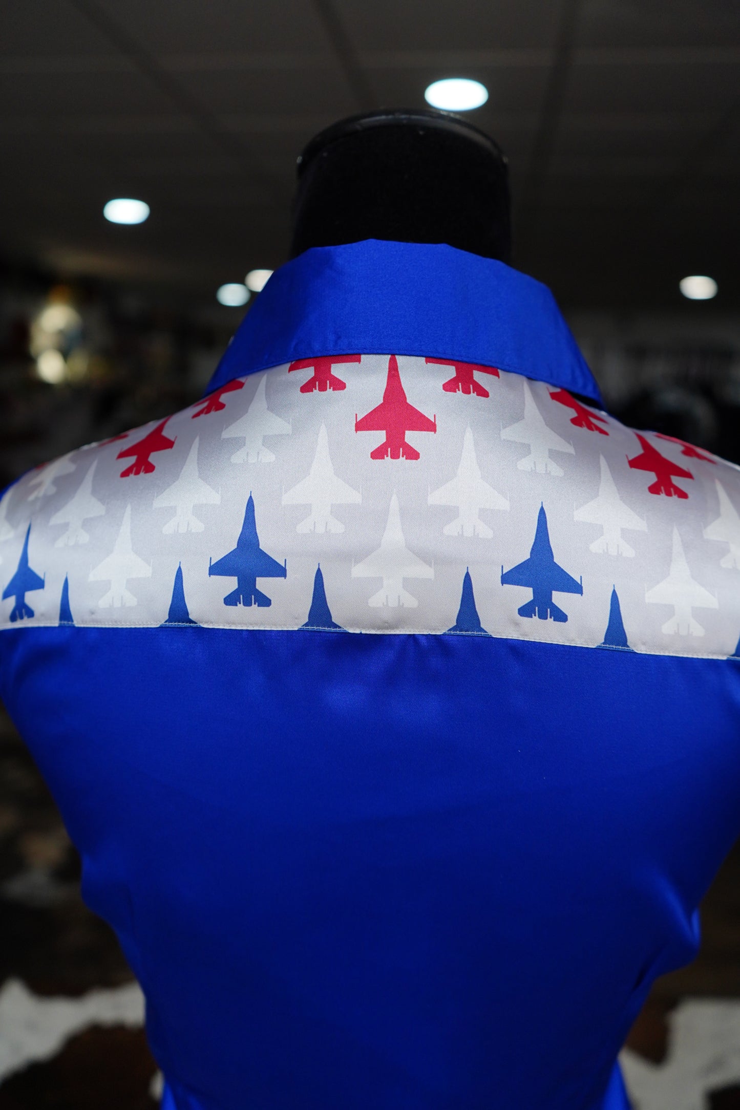 S - Military Planes on Royal Blue Satin Button Down