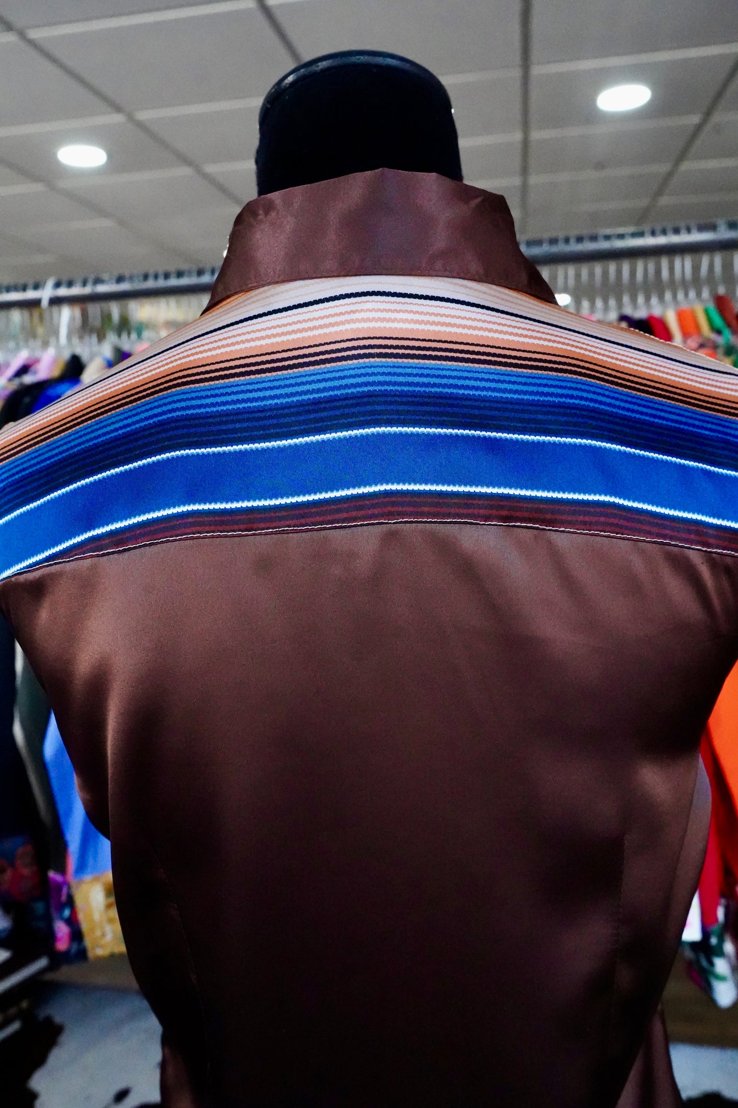 M - Navy & Brown Serape on Brown Satin Button Down