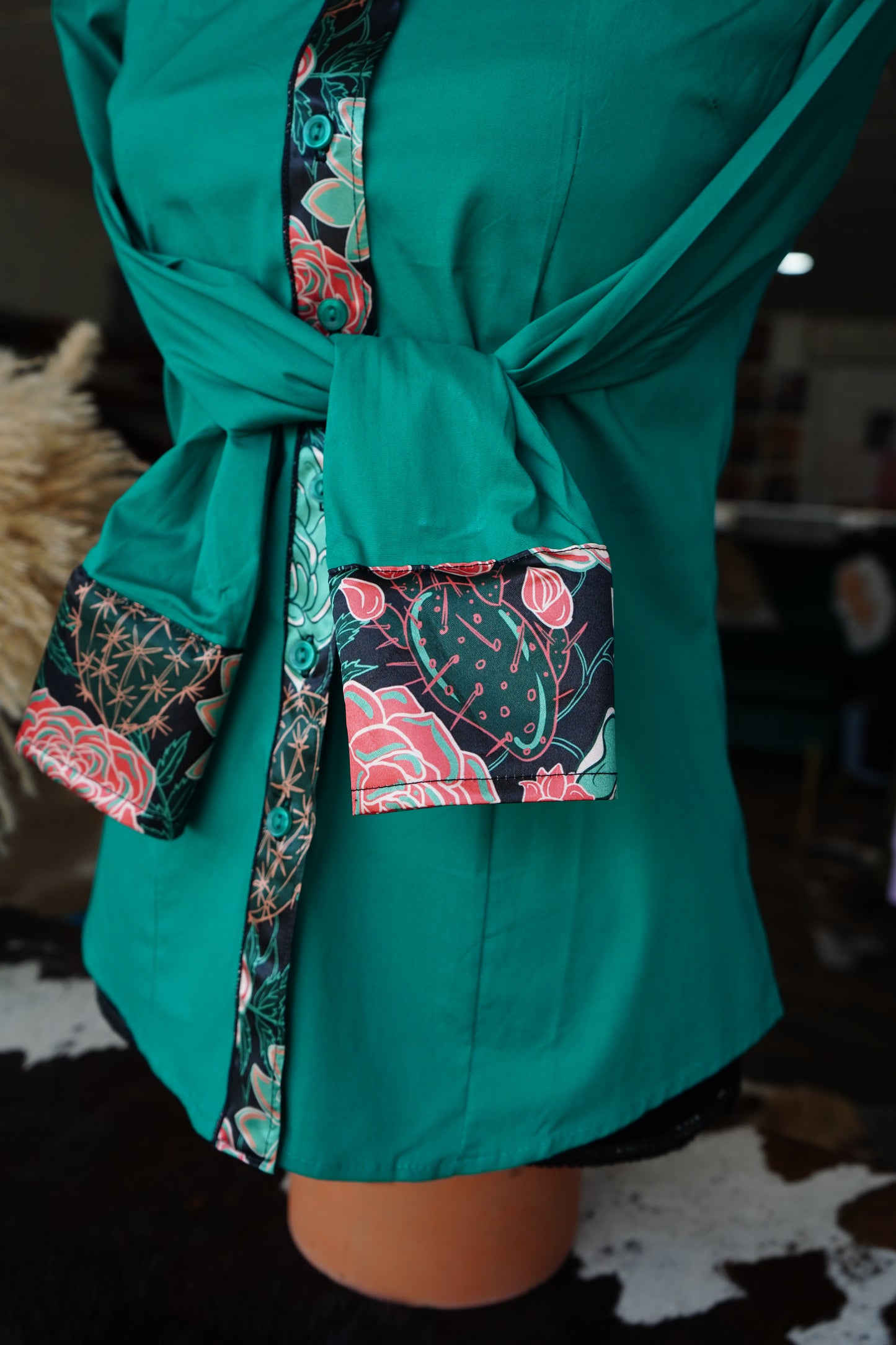 S - Succulents & Roses on Emerald Cotton Button Down