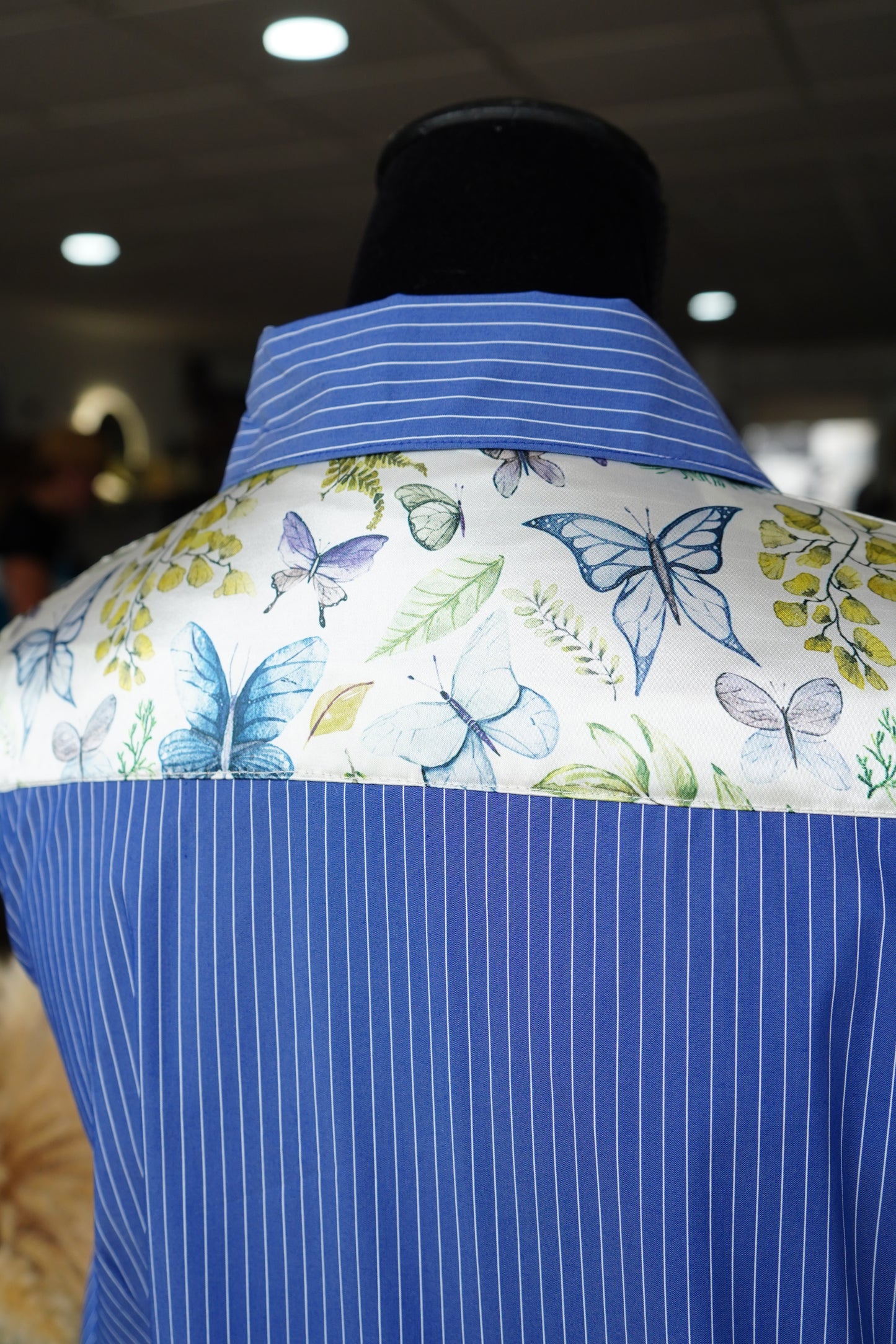 XL - Butterflies & Leaves on Denim & Blue Striped Cotton Button Down