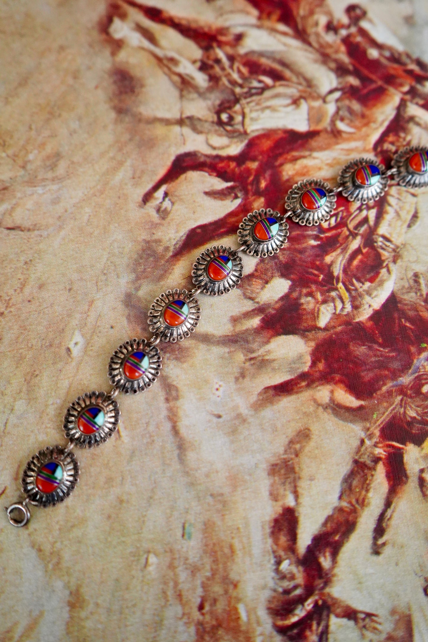 Vintage Multi Stone Inlay Concho Bracelet