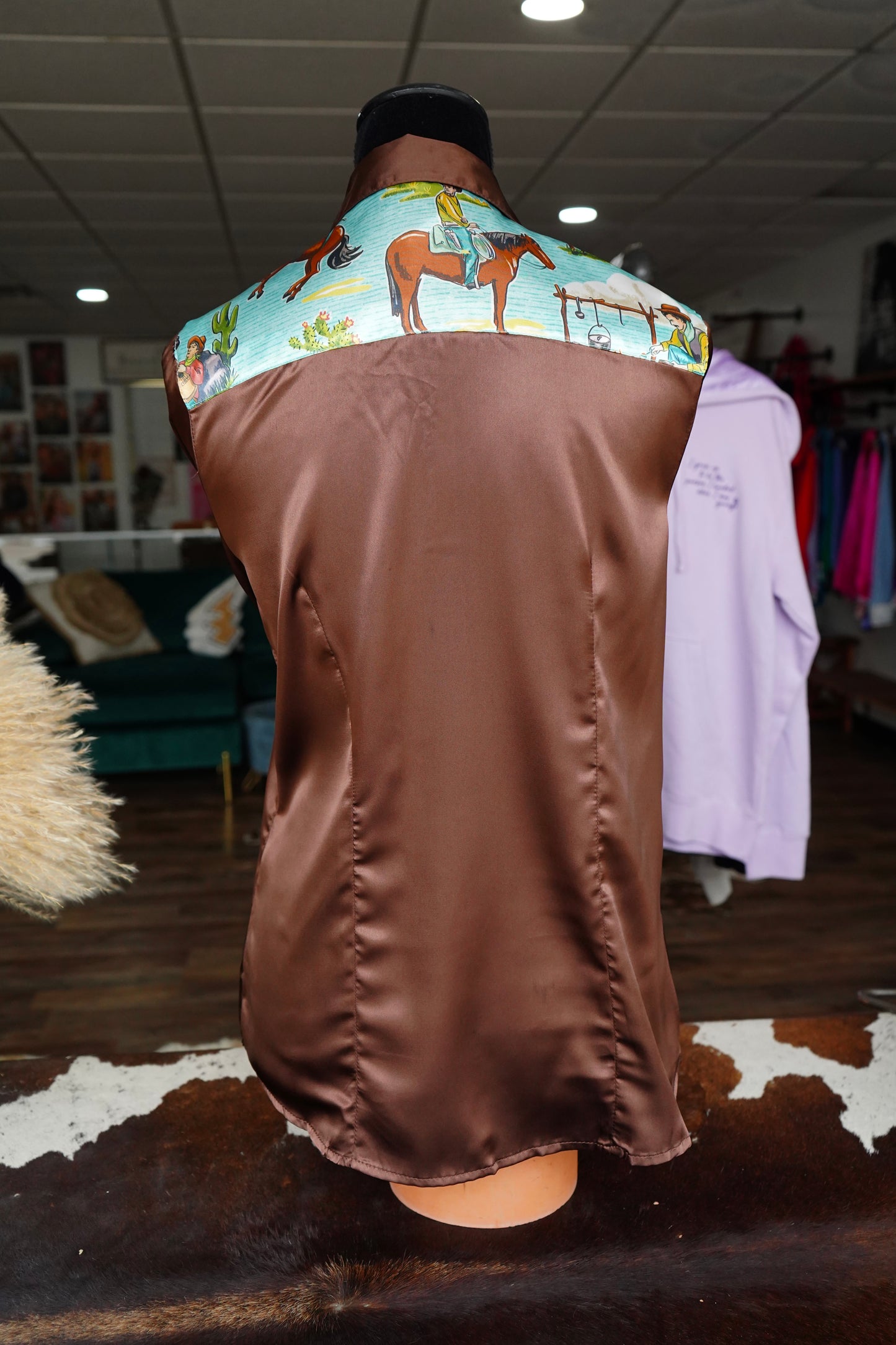 L - Turquoise Cowboy Scene on Brown Button Down