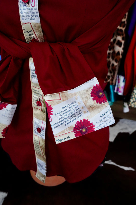 S - Postcard Scriptures on Maroon Cotton Button Down