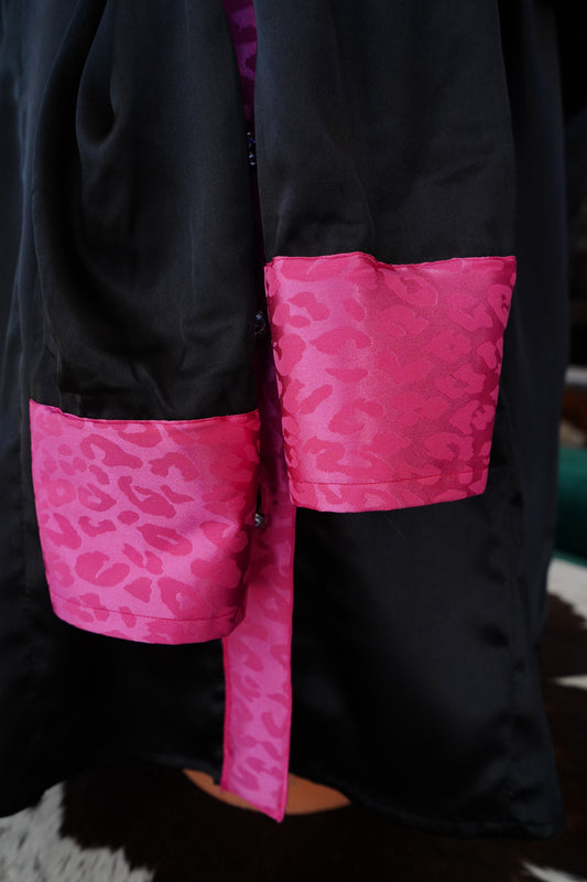 3XL - Pink Cheetah Jacquard on Black Satin Button Down
