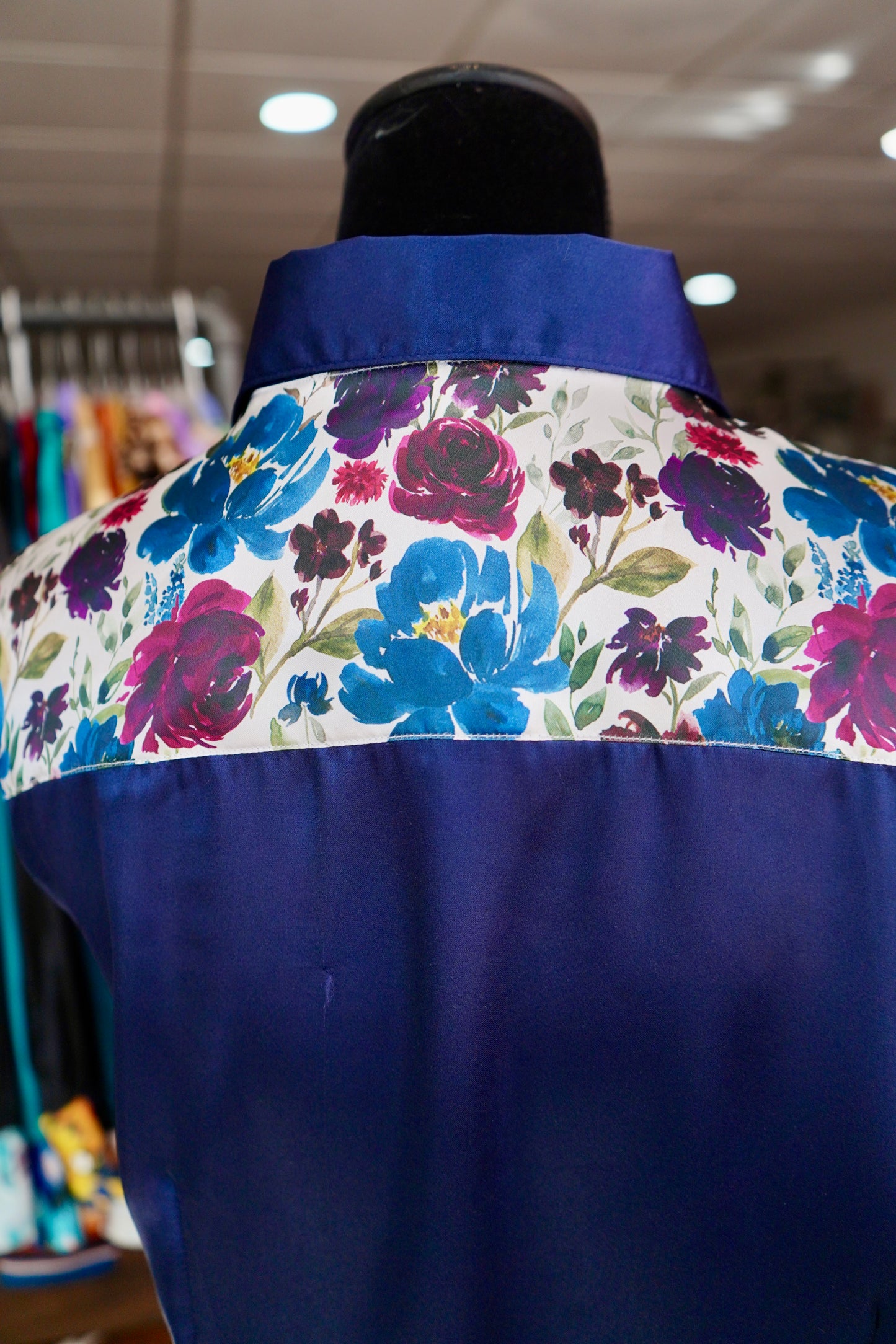 2XL - Navy Plum Floral on Navy Satin Button Down