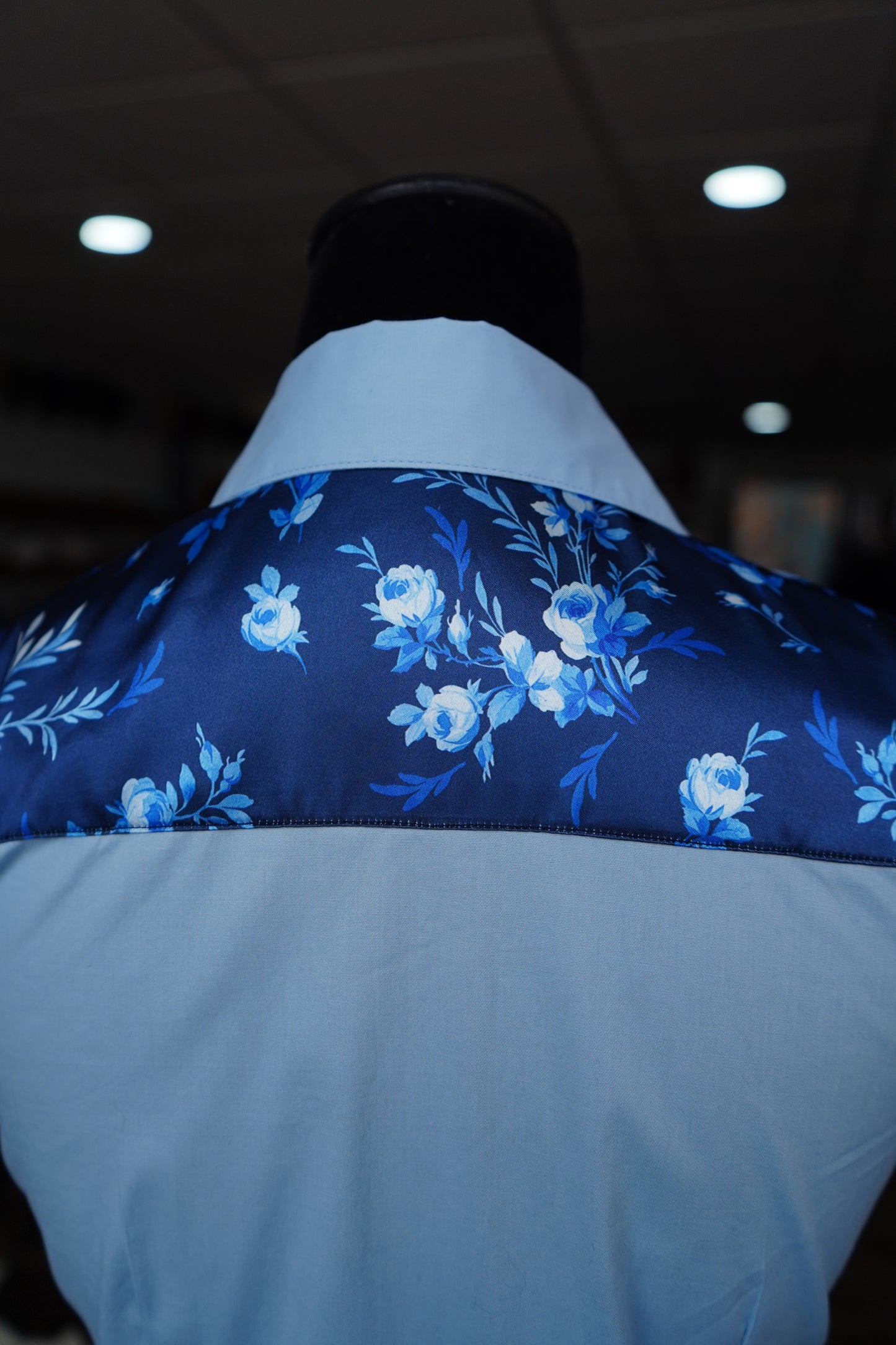 S - Navy & Blue Floral on Baby Blue Cotton Button Down