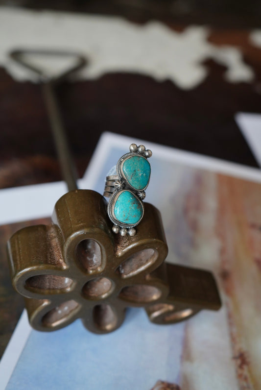 Tia Long Thunder MT. Turquoise 2 Stone w/ Stamped Band Ring - Sz 6