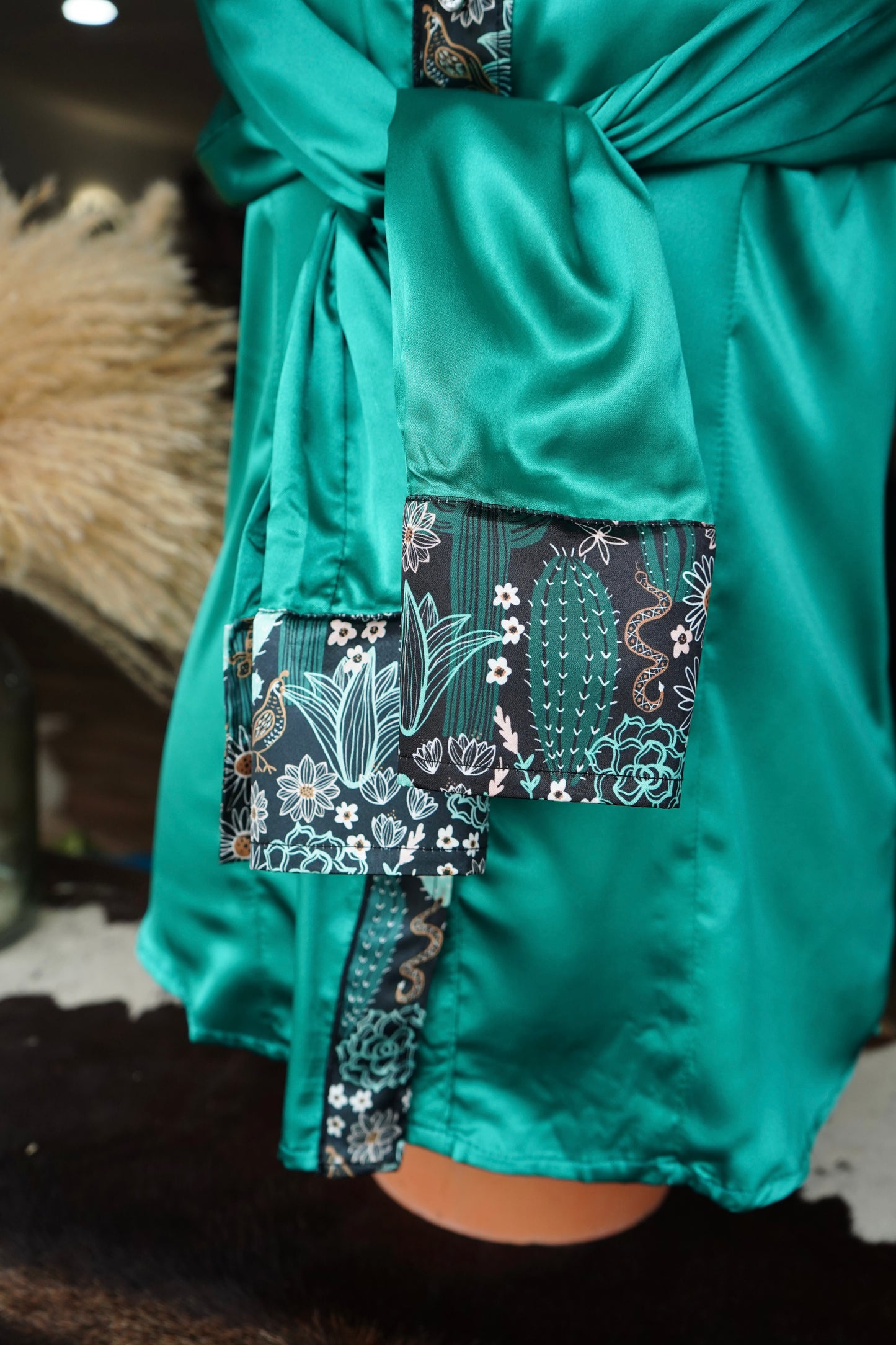 L - Black & Turquoise Cactus on Emerald Button Down