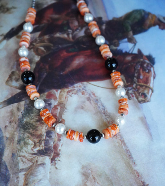 Orange Spiny, Freshwater Pearls, & Black Onyx Necklace - 20”