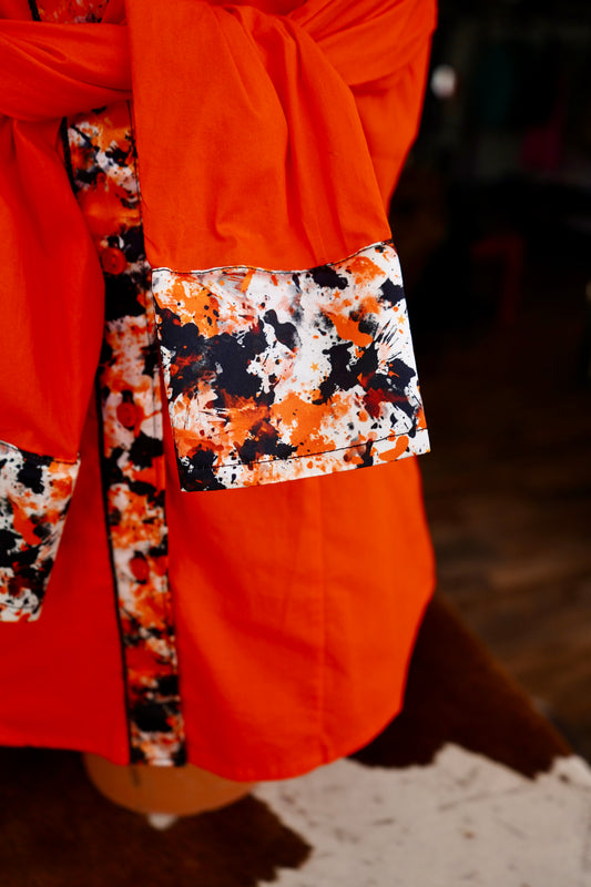 L - Pokes Paint Splatter on Orange Cotton Button Down