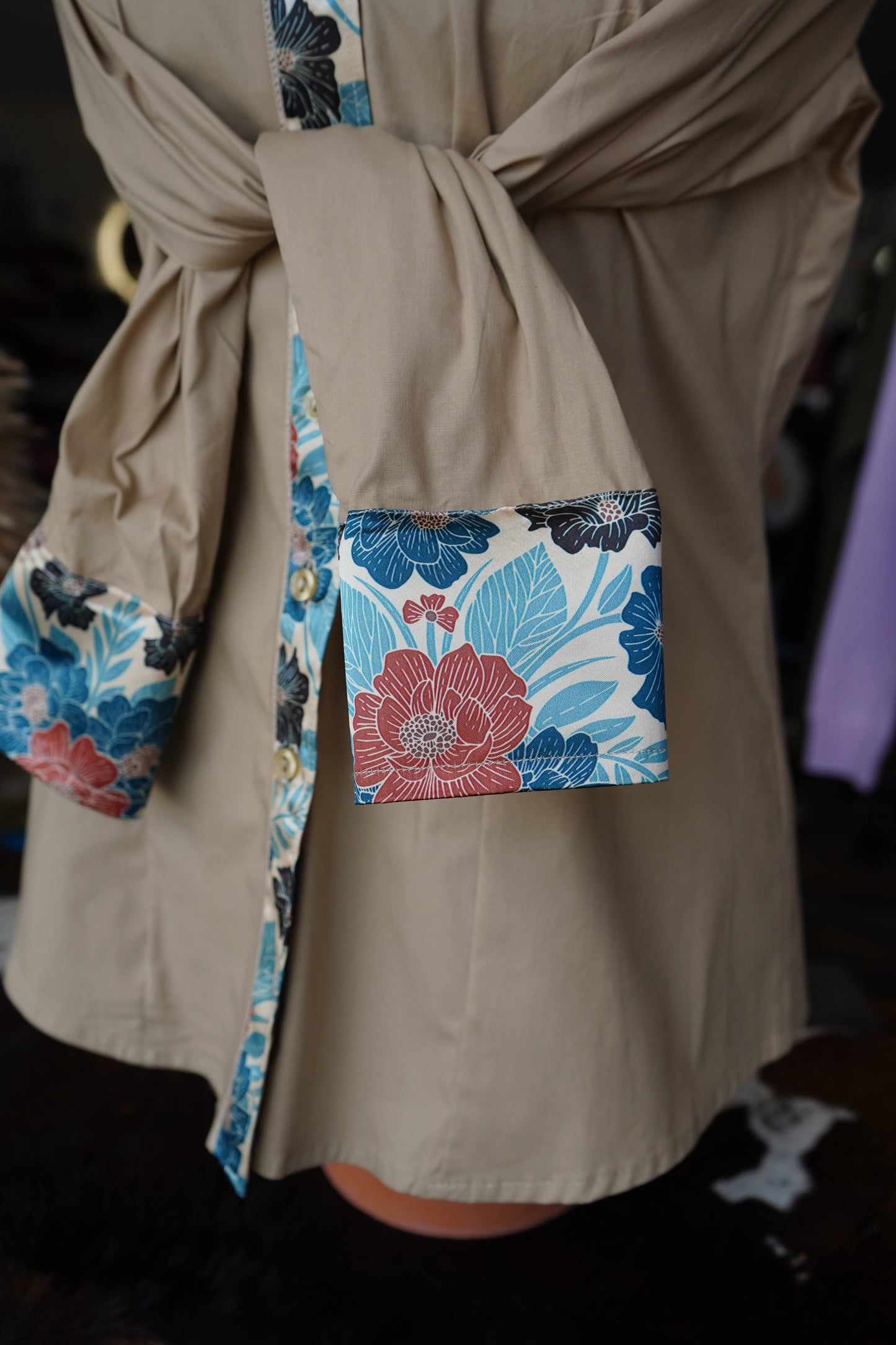 XL - Rust & Turquoise Floral on Tan Cotton Button Dowm