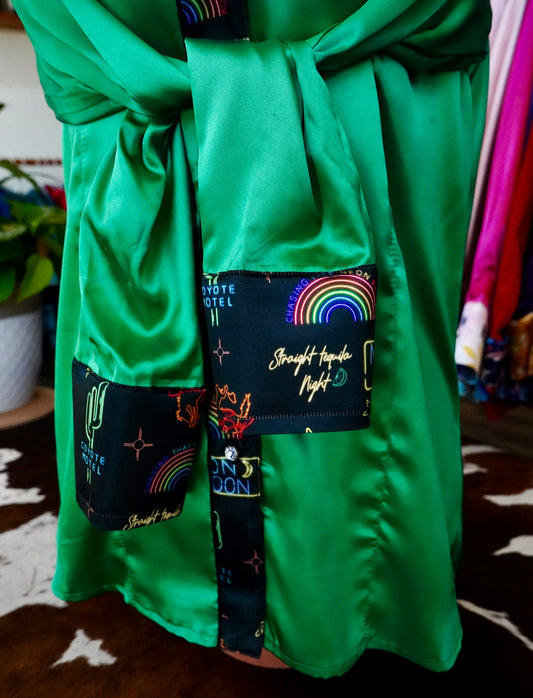 L - Neon Moon on Kelly Green Satin Button Down