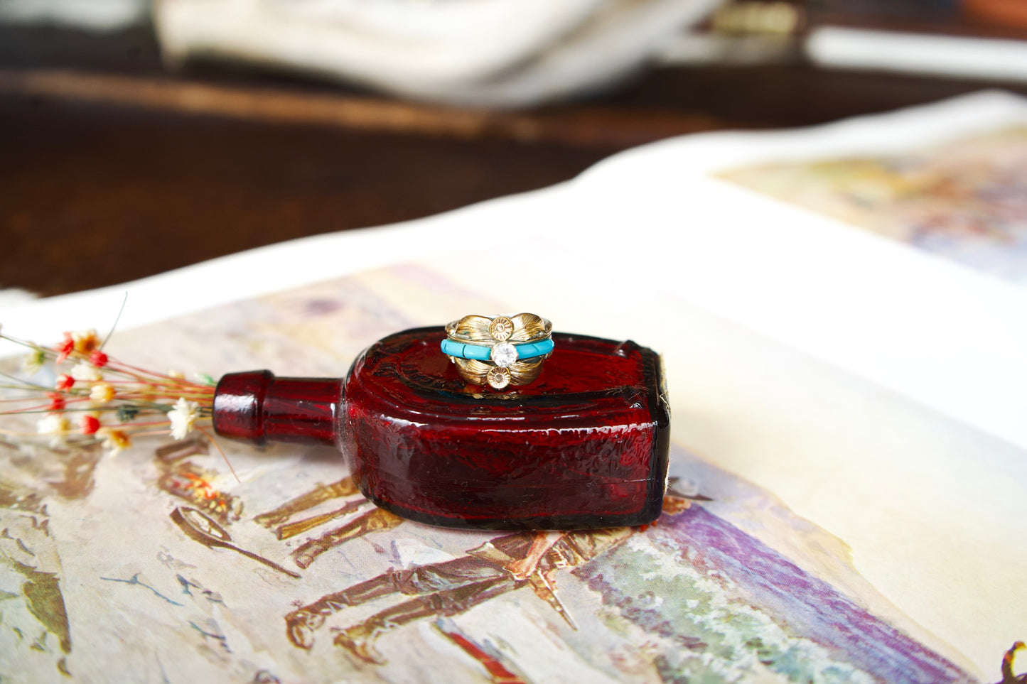 Gold Plated Turquoise Ring - Sz 6