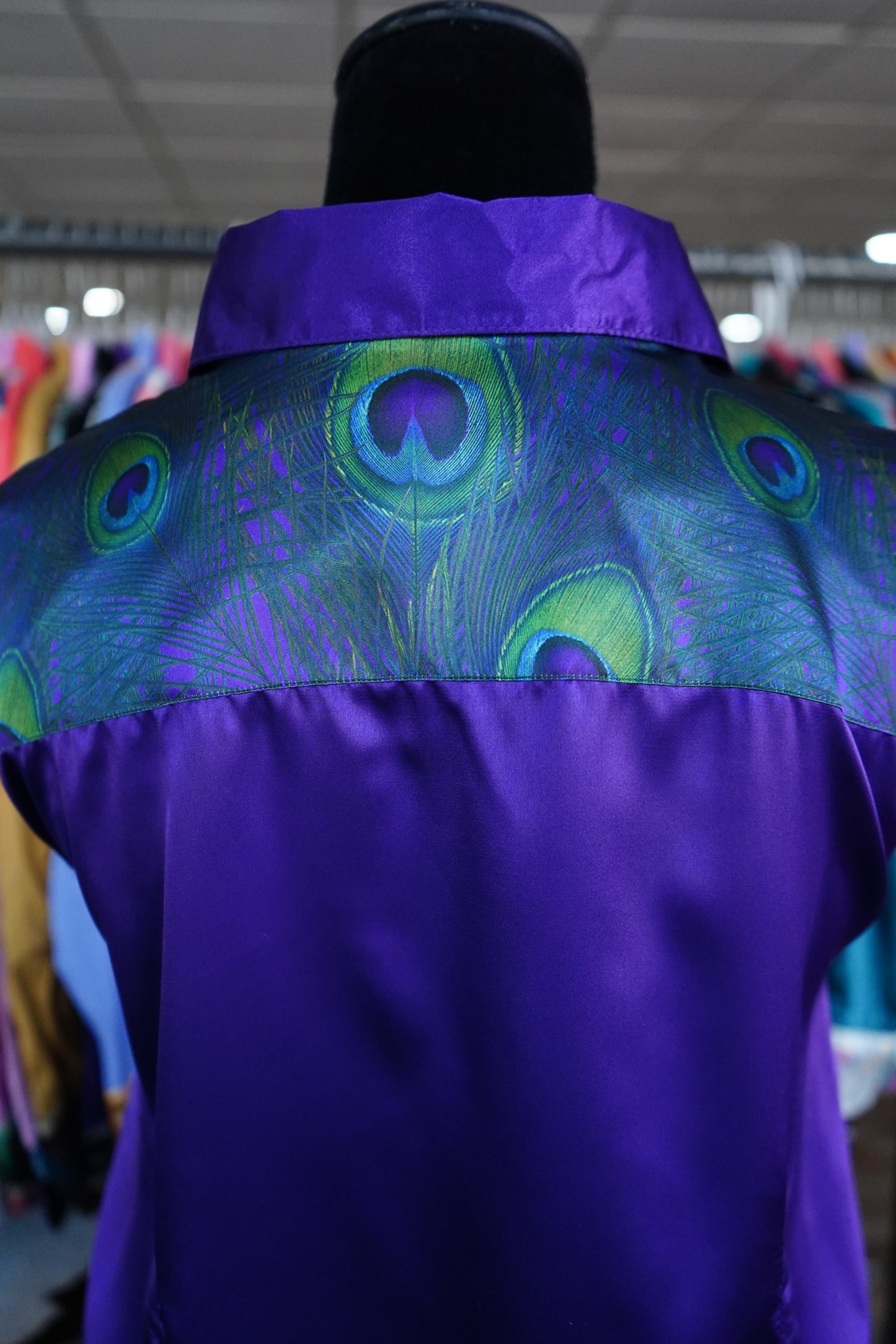 3XL - Peacock Feathers on Purple Satin Button Down