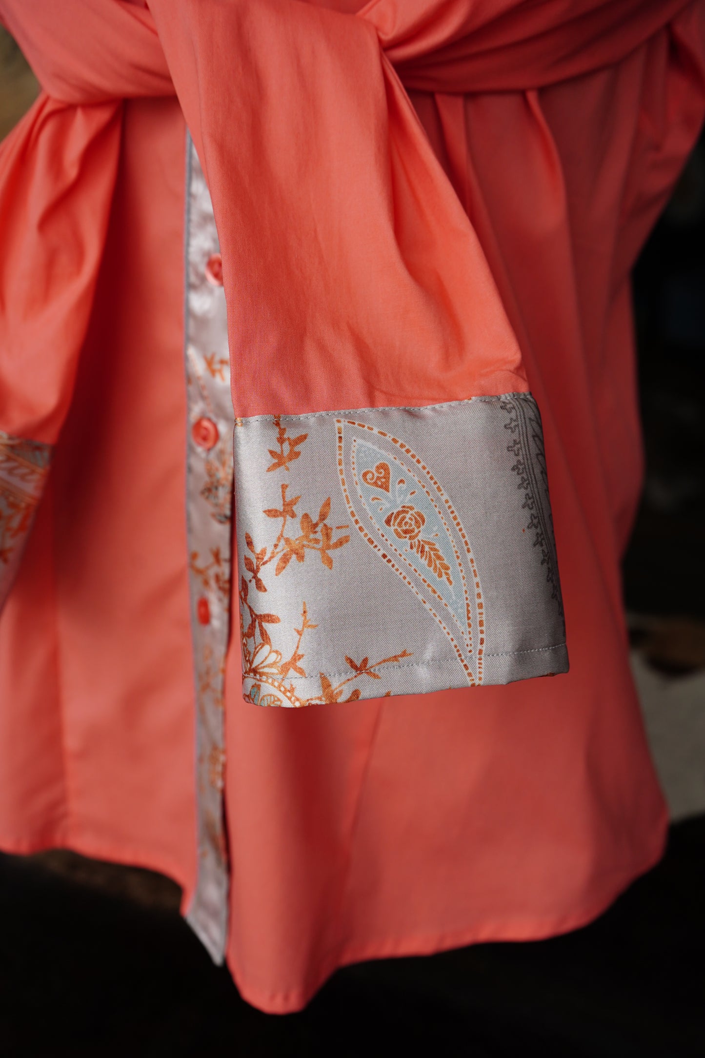 XL - Silver Boho Paisley on Coral Cotton Button Down