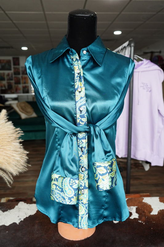 M - Teal & Green Paisley on Teal Button Down