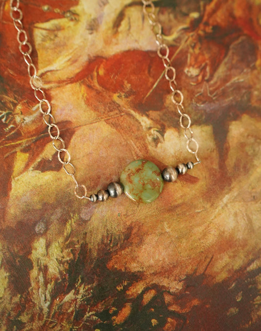 Turquoise Round Slab w/ Sterling Silver Pearls Necklace - 18â