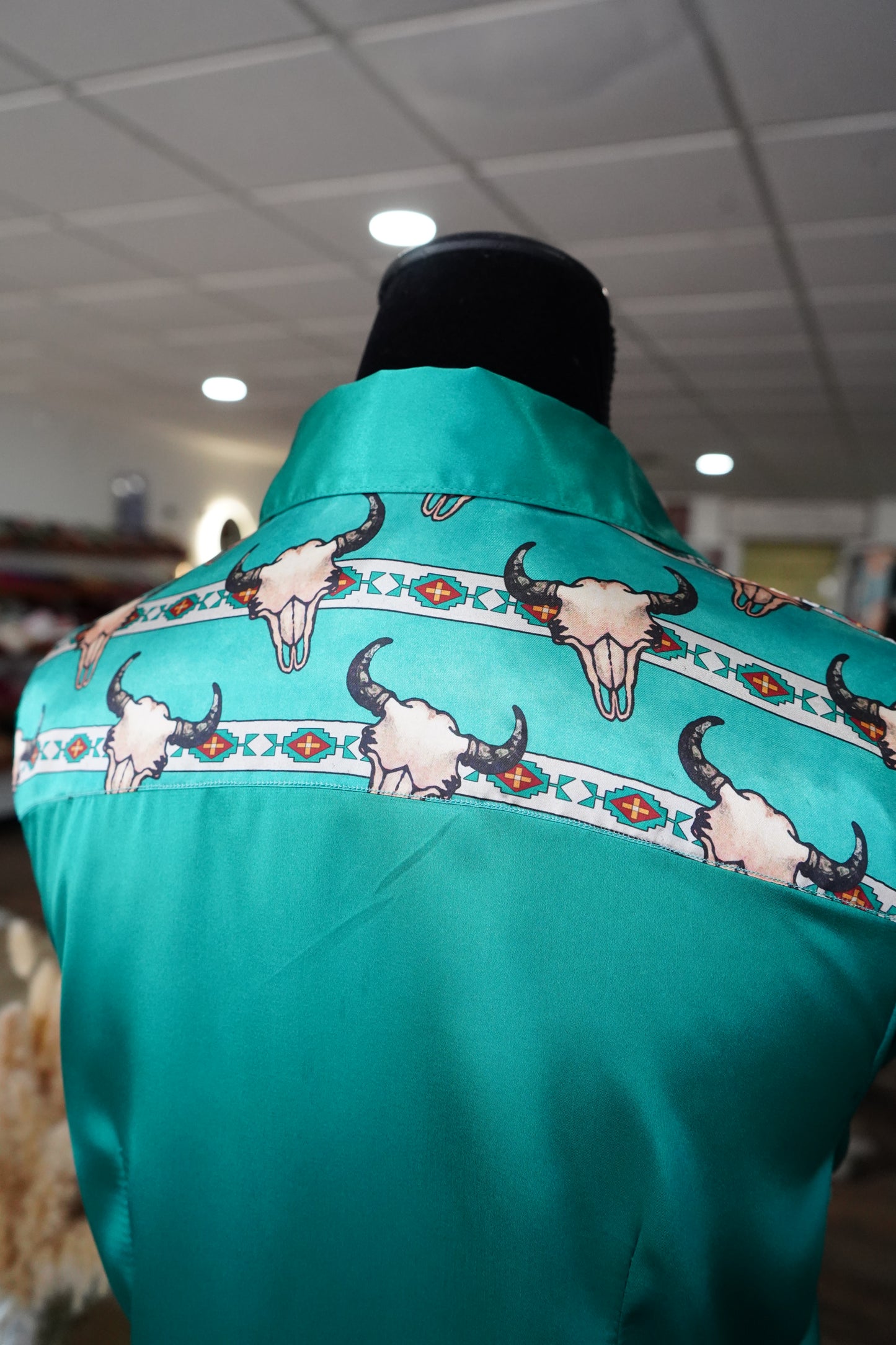 M - Turquoise Aztec Steer Heads on Emerald Satin Button Down