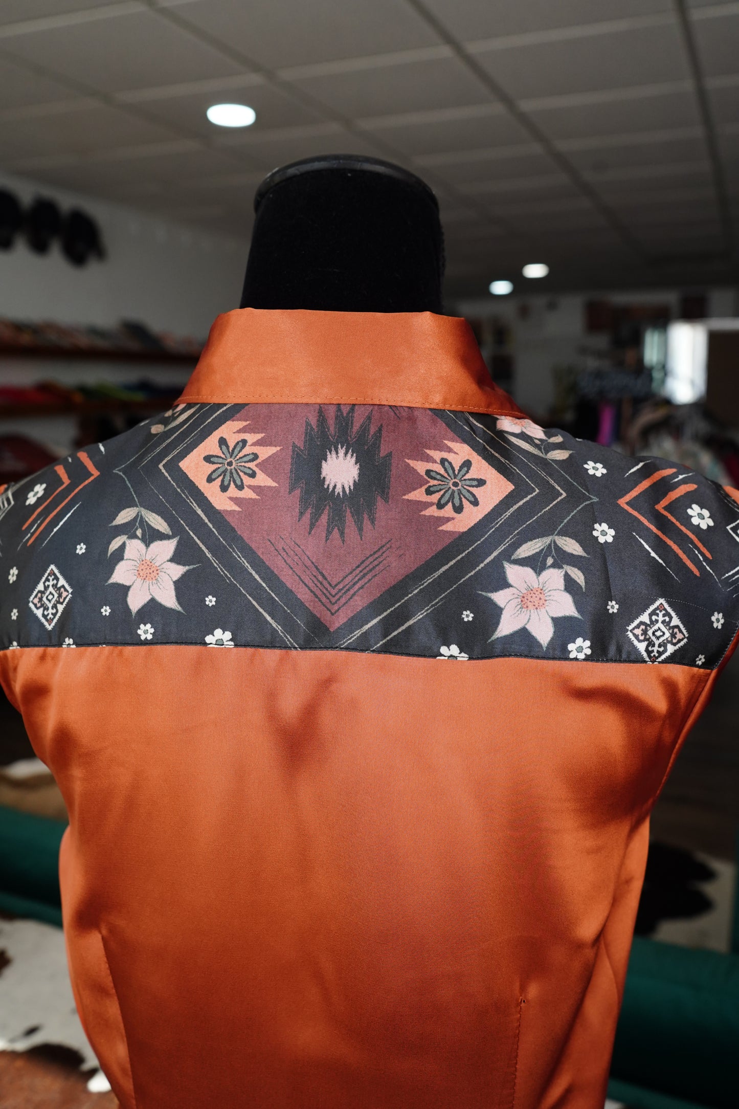 L - Farmhouse Aztec on Rust Satin Button Down