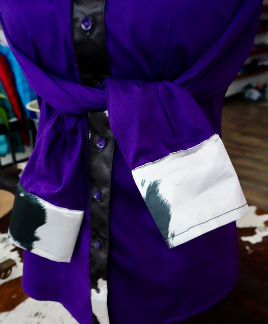 M - B/W Cowhide on Purple Cotton Button Down