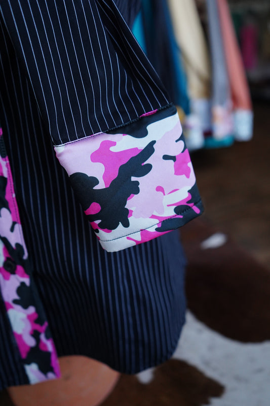M - Pink Camo on B/W Stripe Cotton Button Down