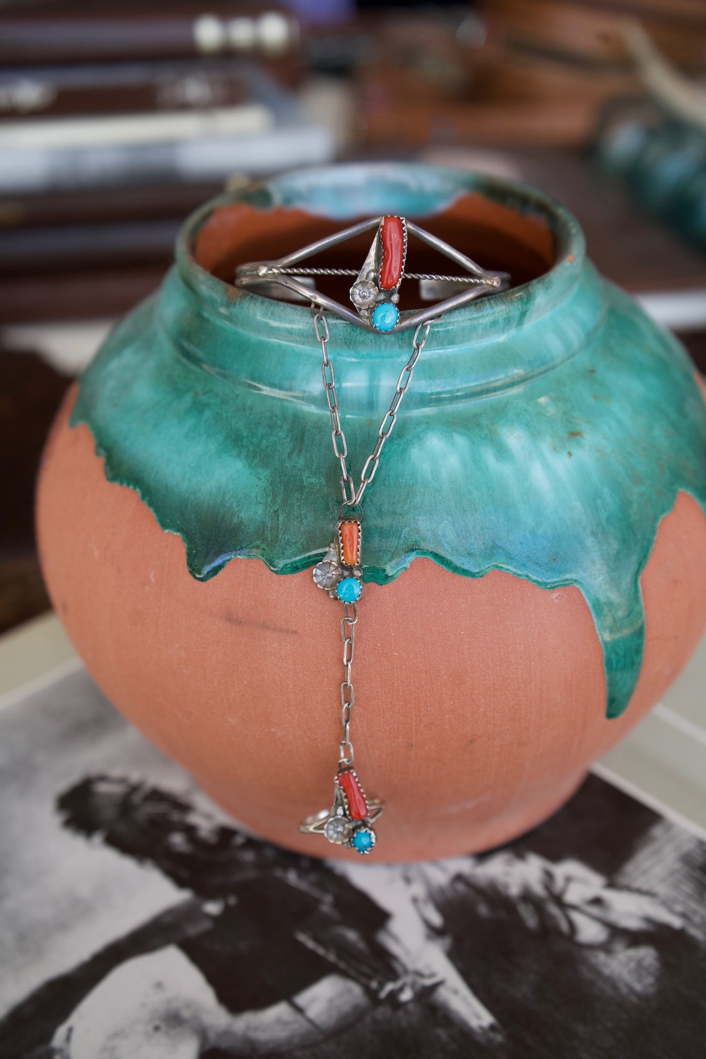 Vintage Red Coral & Turquoise Lariat Cuff