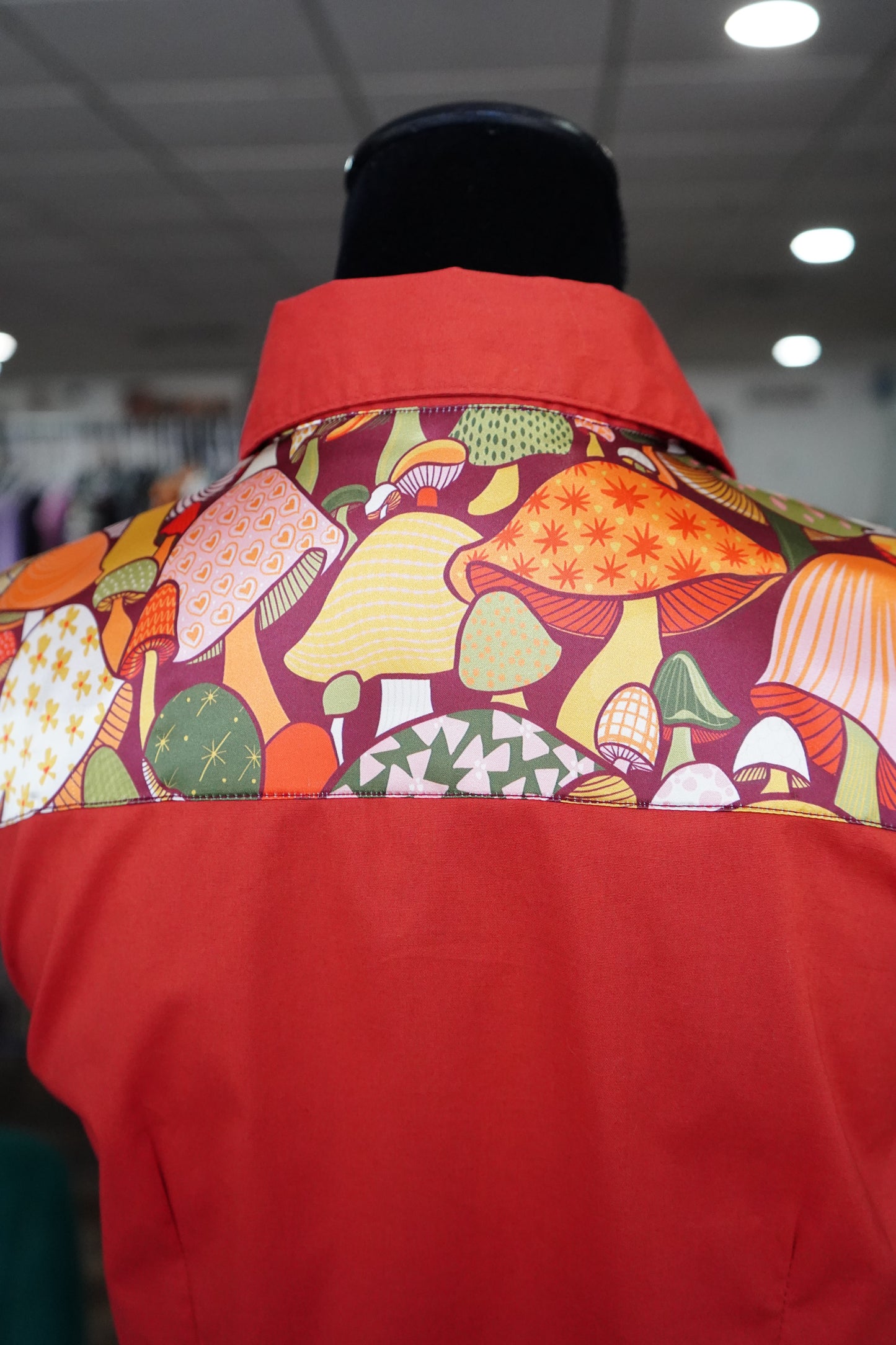 M - 70s Trippy Hippy on Rust Red Cotton Button Down