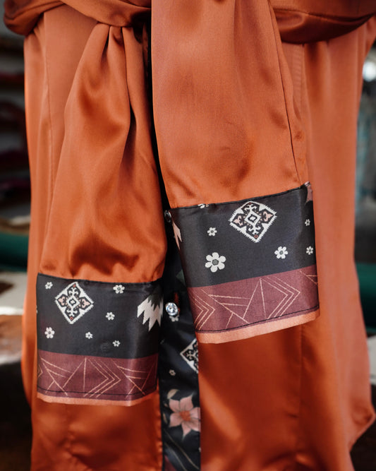 L - Farmhouse Aztec on Rust Satin Button Down