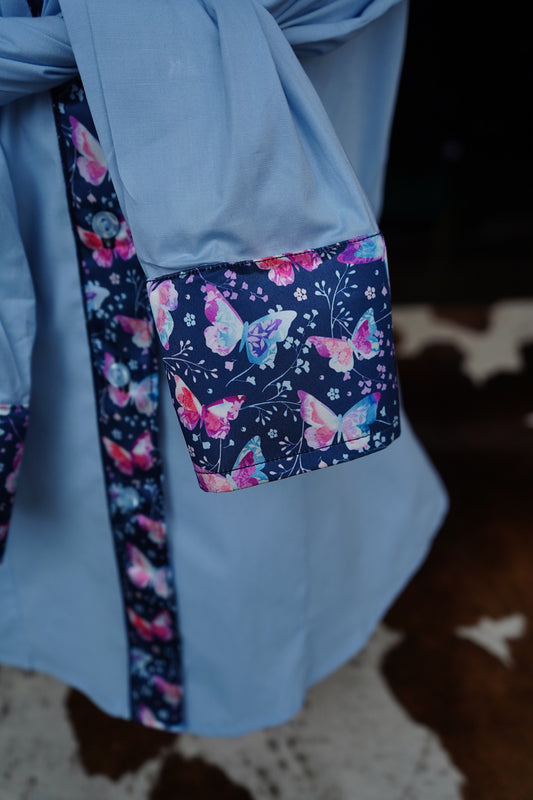 L - Pink Watercolor Butterflies w/ Pink Fringe on Baby Blue Cotton Button Down