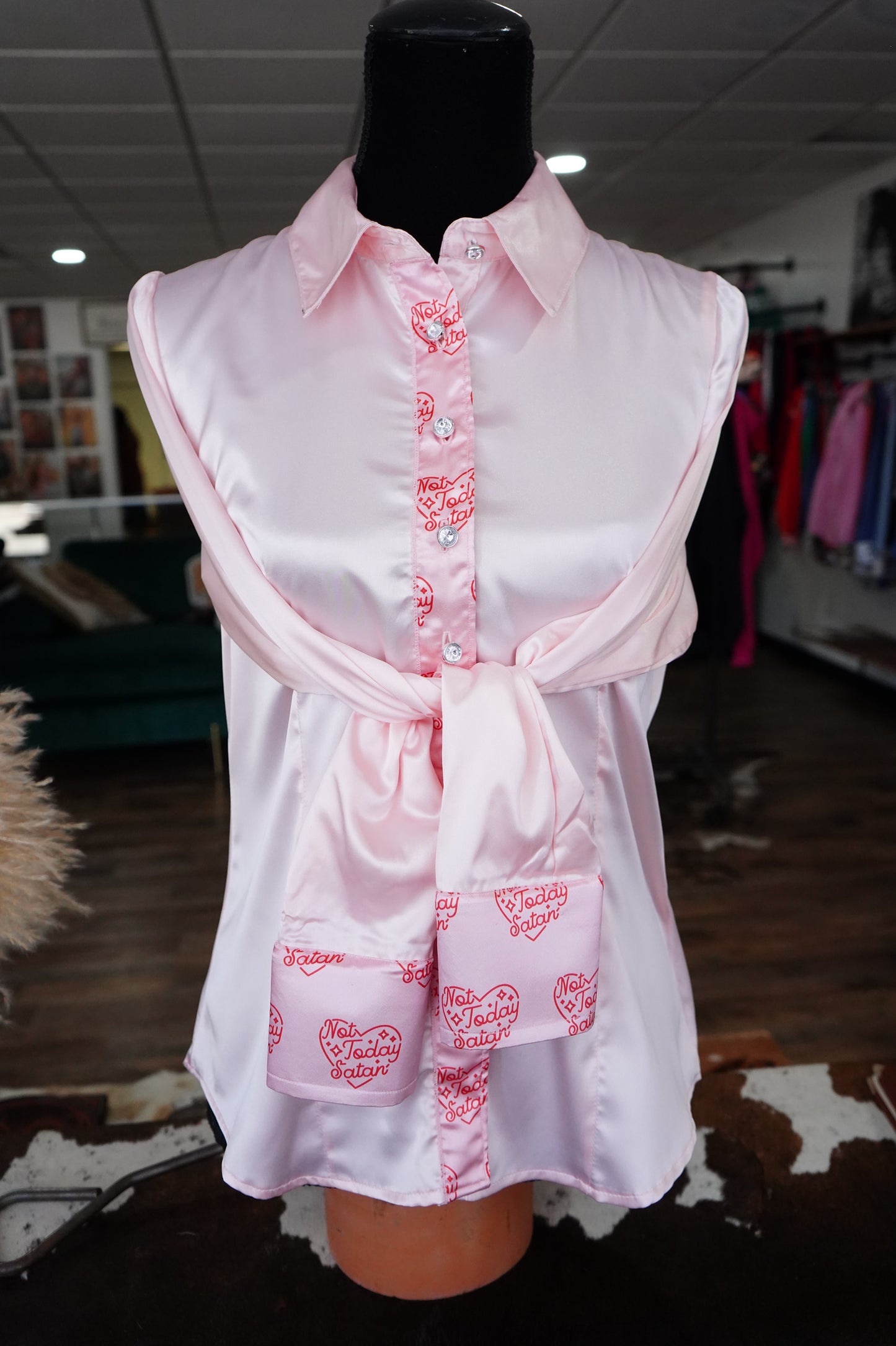 L - Not Today Satan on Light Pink Satin Button Down