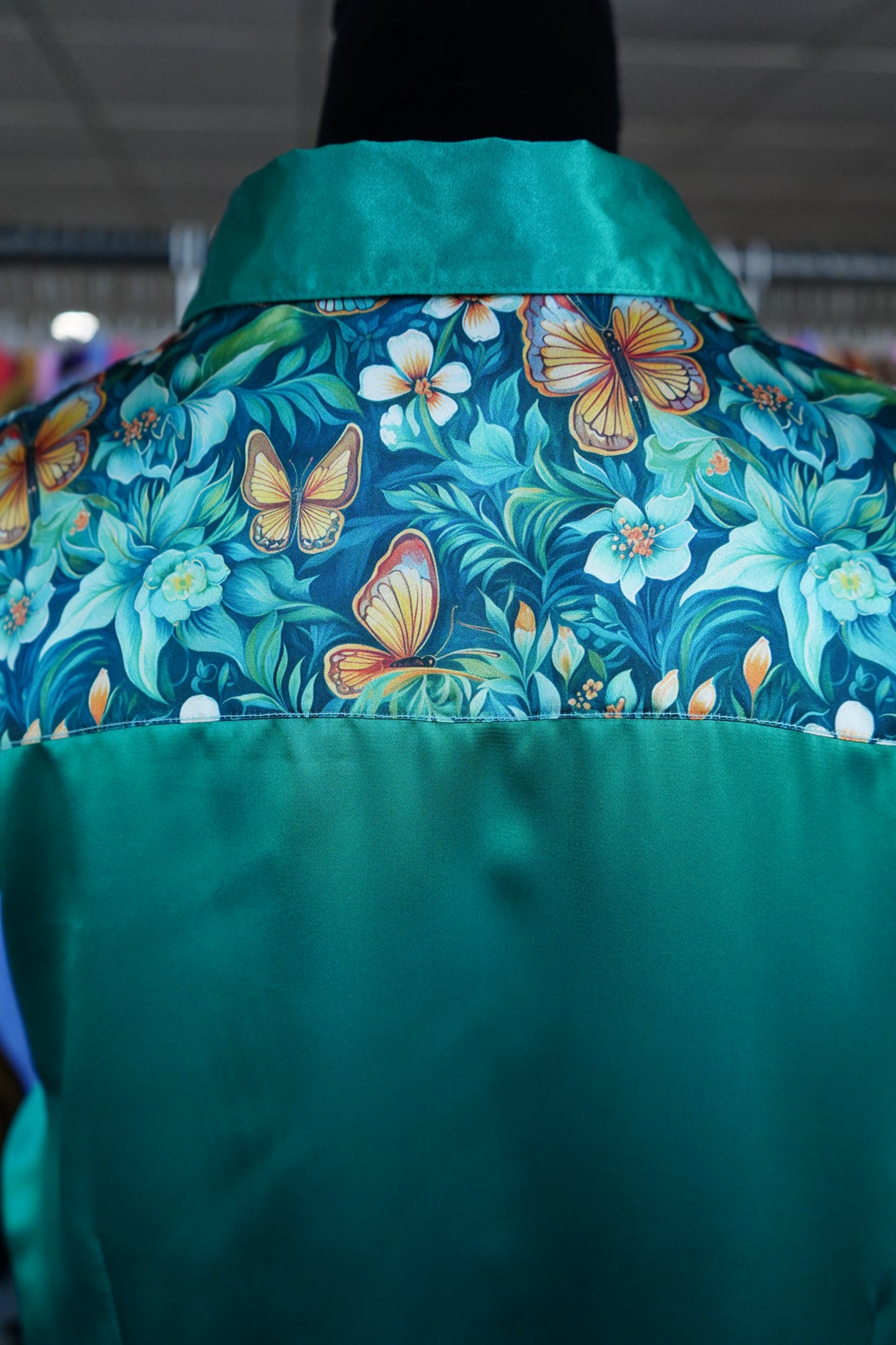 2XL - Emerald Floral Butterflies on Emerald Satin Button Down