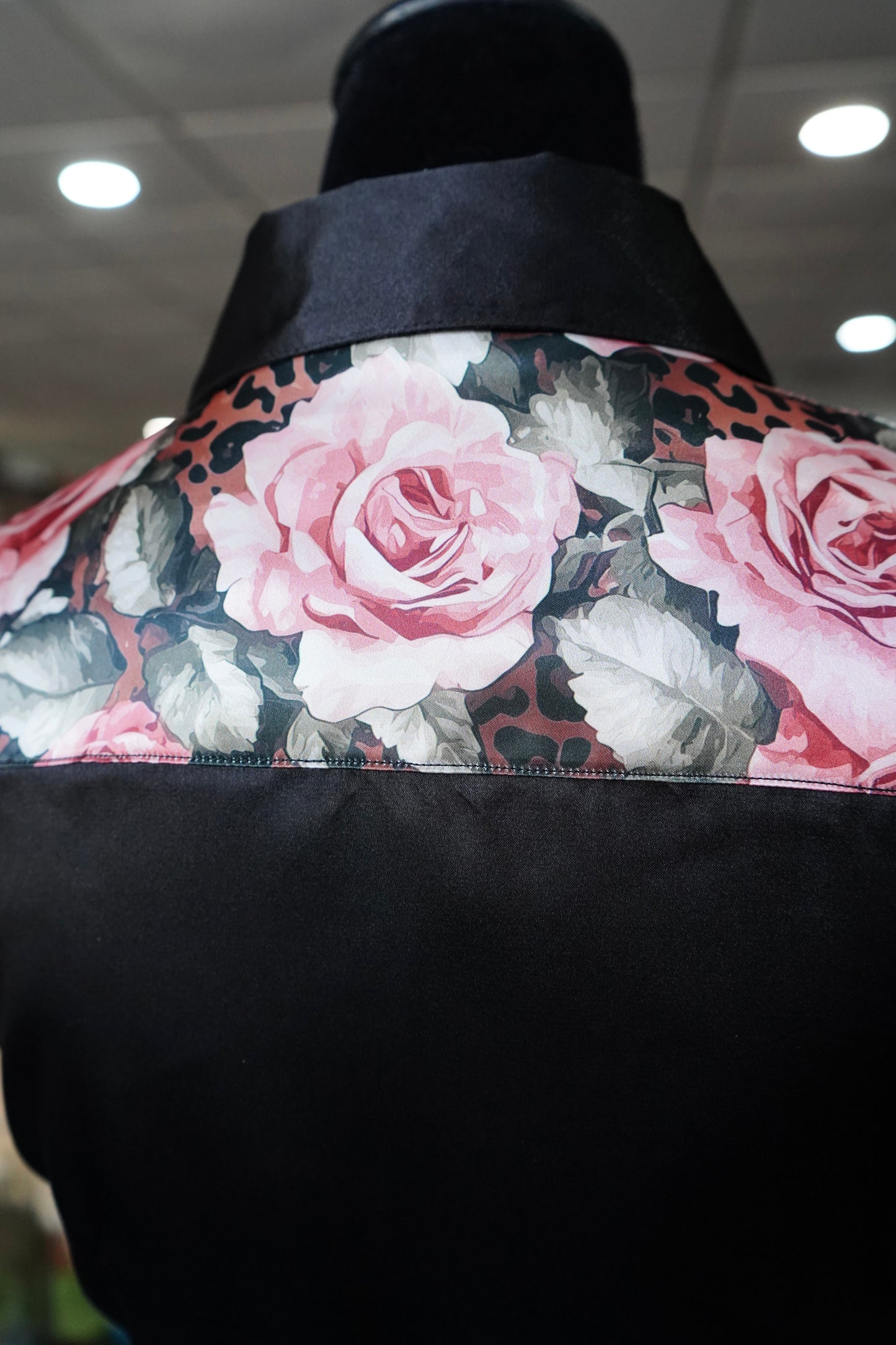 S - Pink Roses & Cheetah on Black Satin Button Down