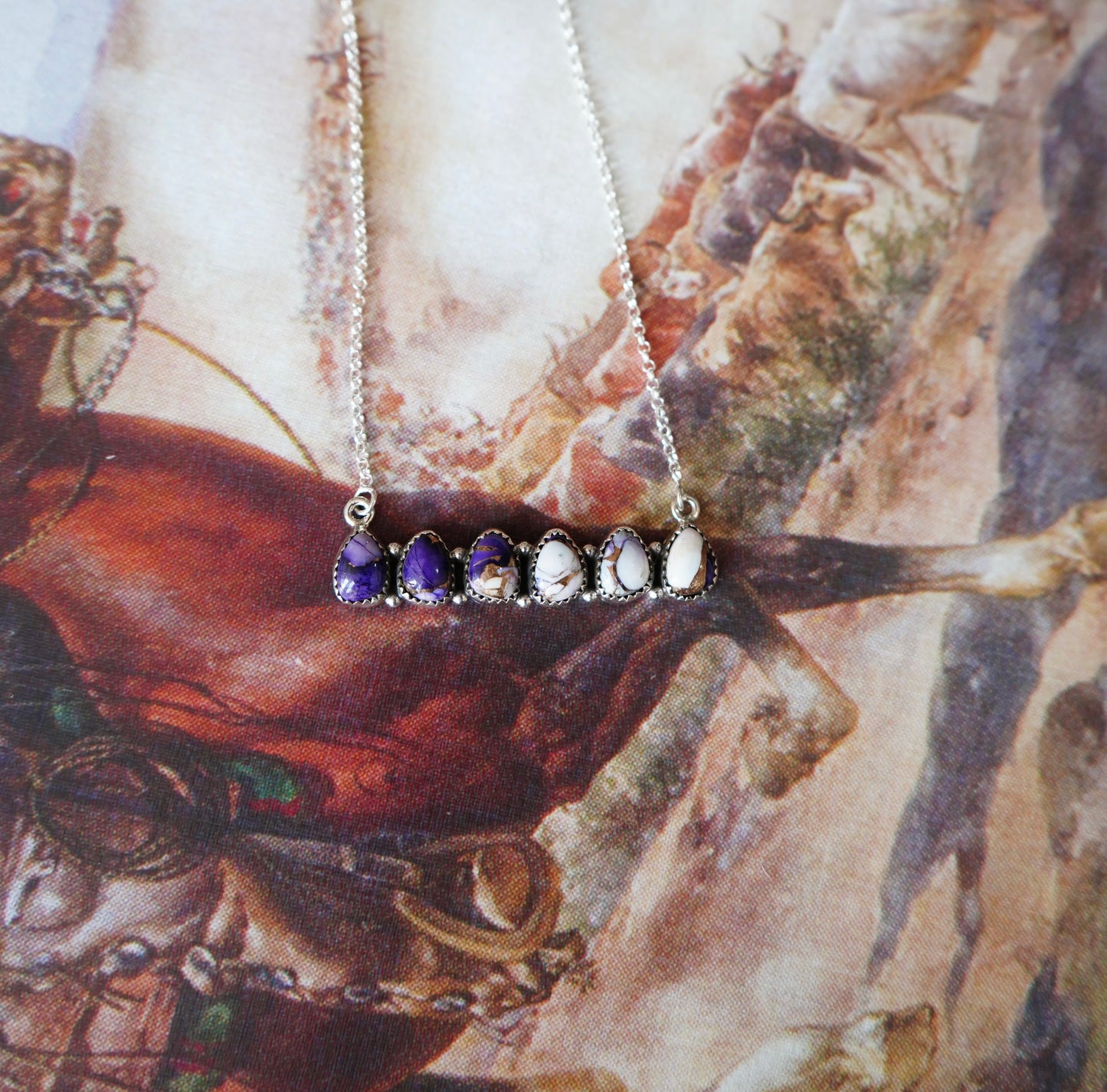 Turquoise 6 Stone Teardrop Bar Necklaces - 18”