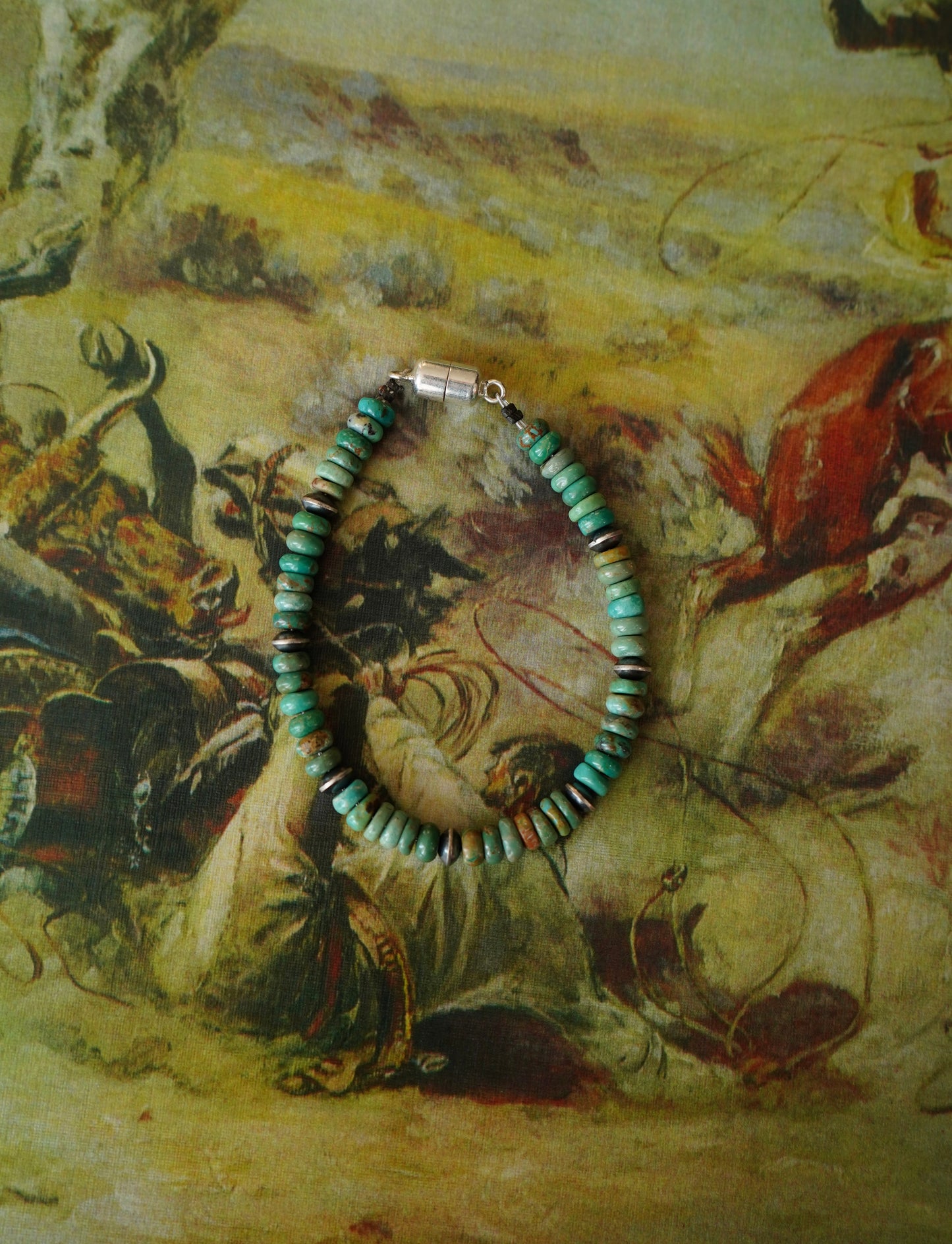 Green Turquoise Chips w/ Sterling Silver Pearls Magnetic Clasp Bracelet