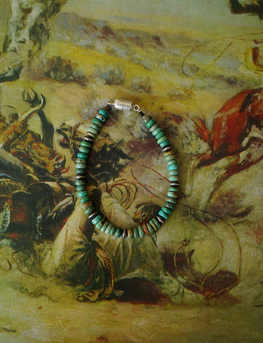 Green Turquoise Chips w/ Sterling Silver Pearls Magnetic Clasp Bracelet
