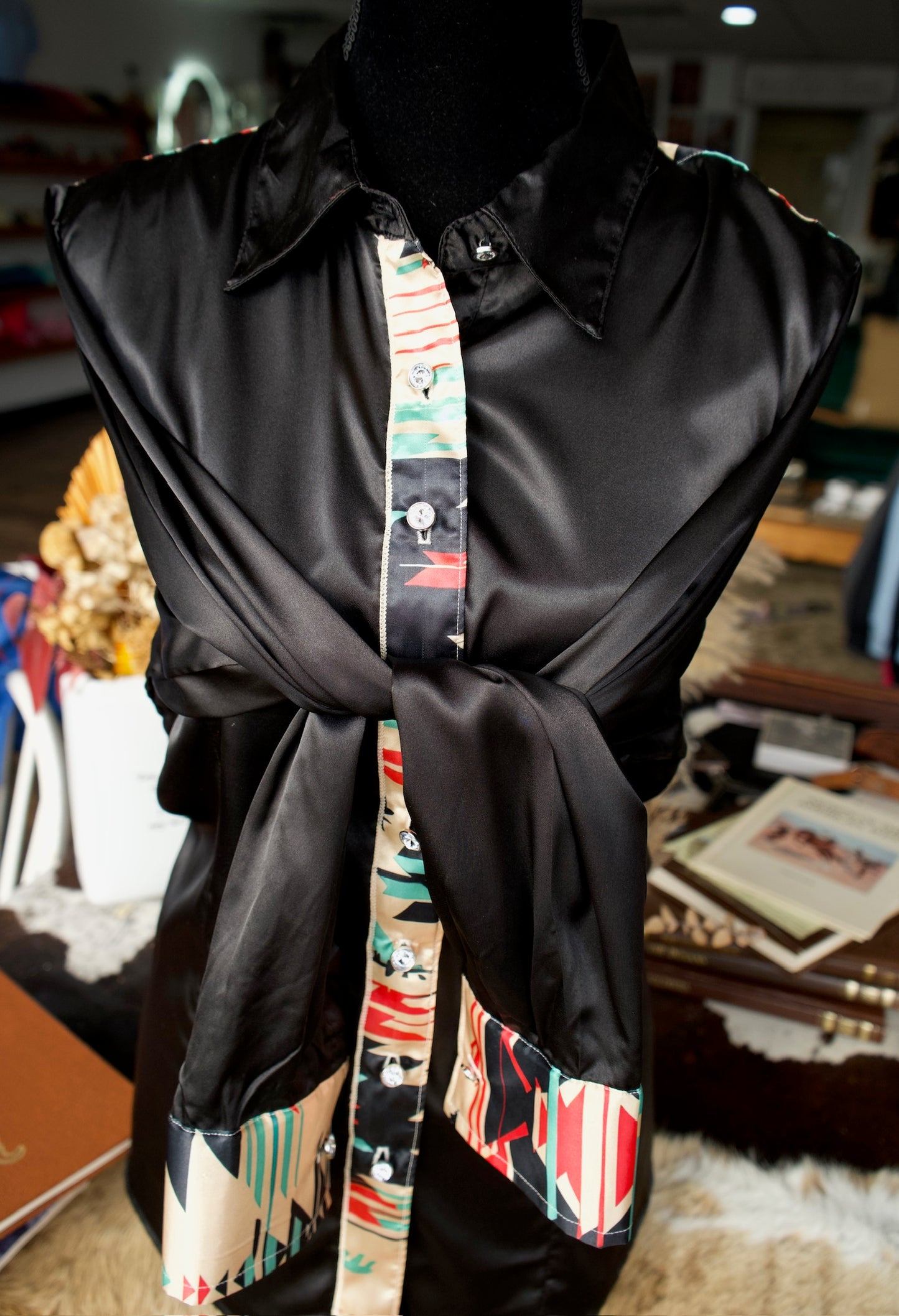 3XL - Cream, Black & Red Aztec on Black Button Down