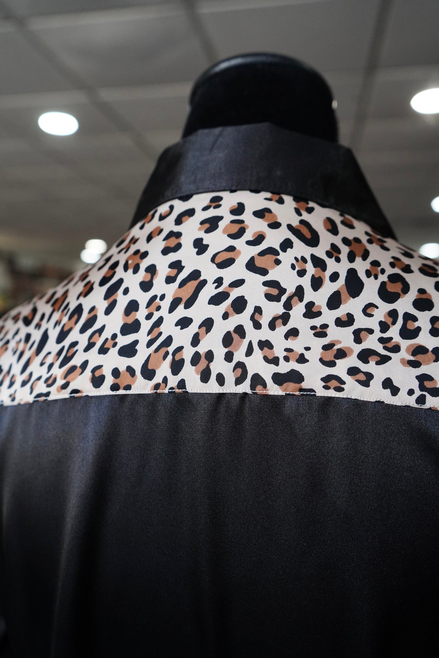 L - Cheetah on Black Satin Button Down