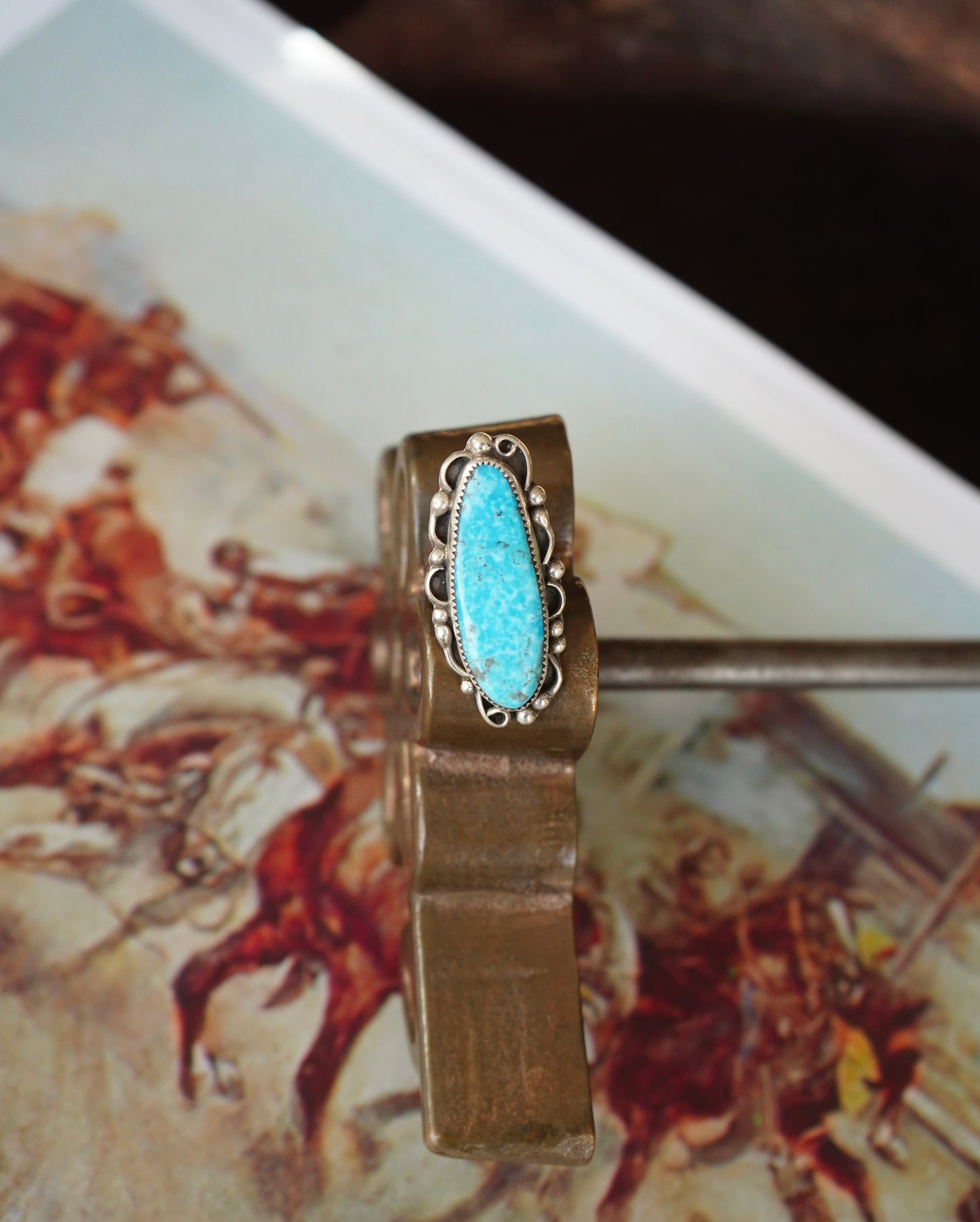 Long Oval Blue Turquoise w/ Beaded Shell Boarder Ring - Sz 8