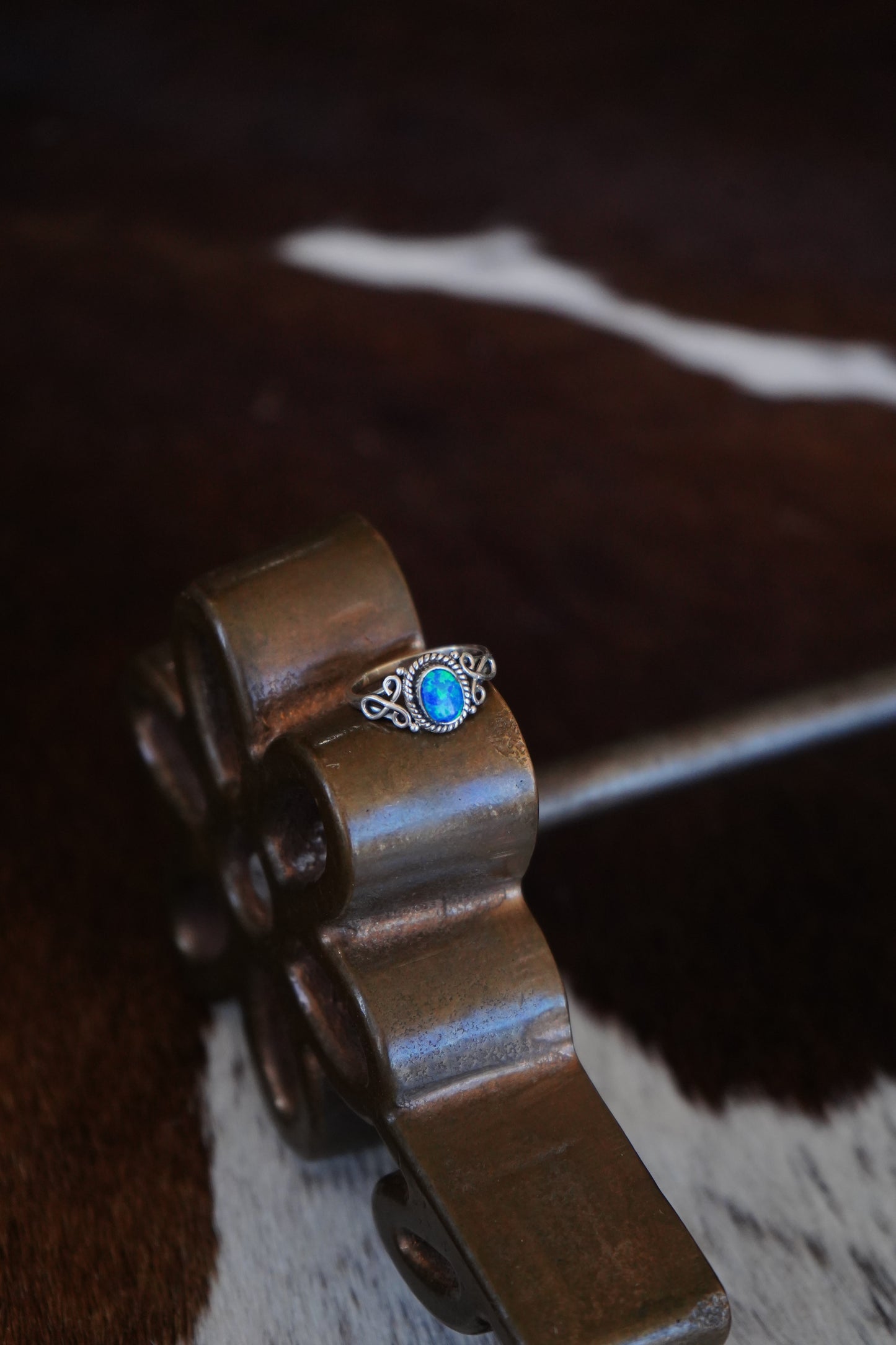 Blue Opal Ring w/ Silver Swirls Ring - Sz 6.75