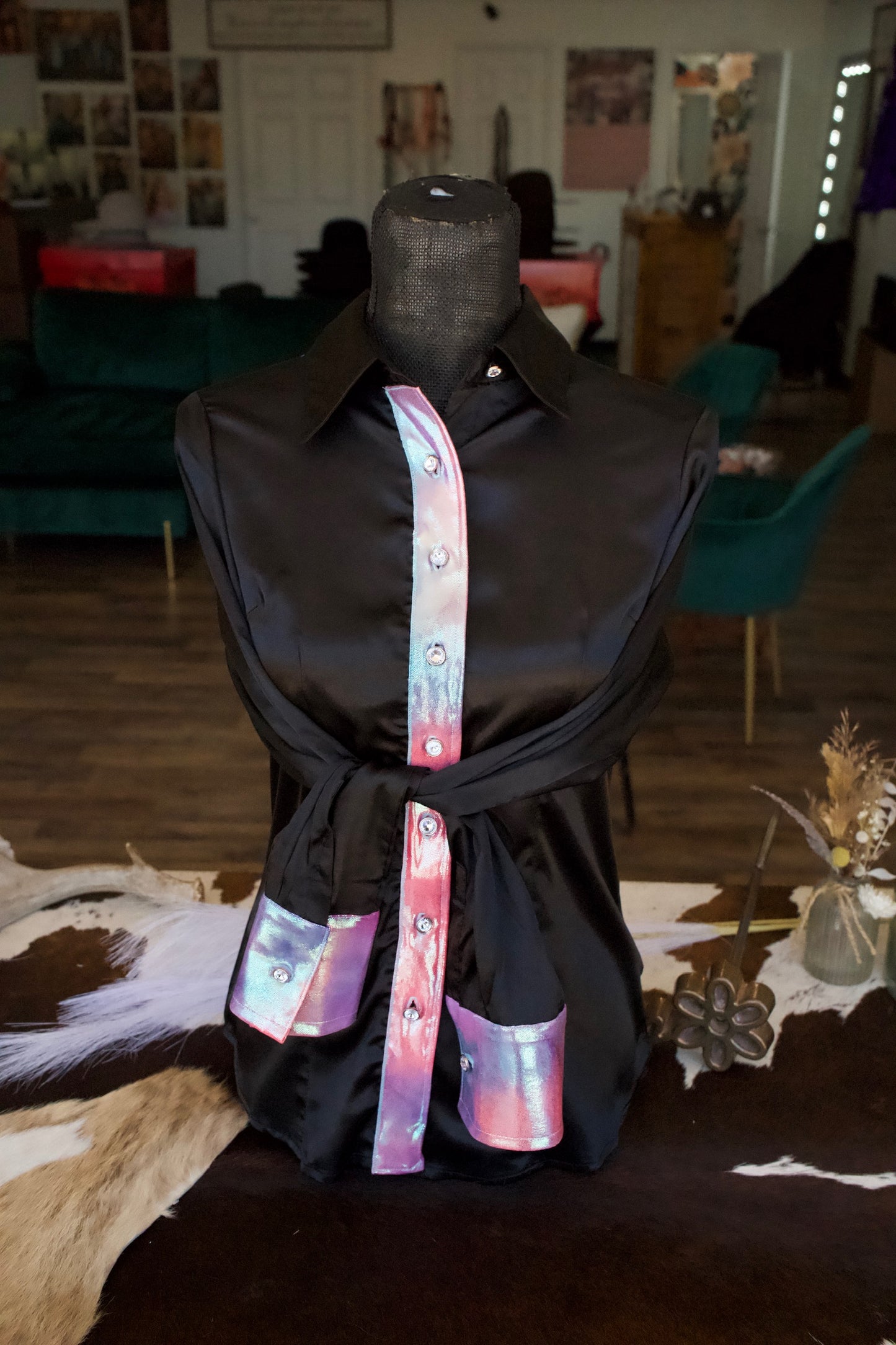 M - Mermaid on Black Button Down Disco Cowgirl