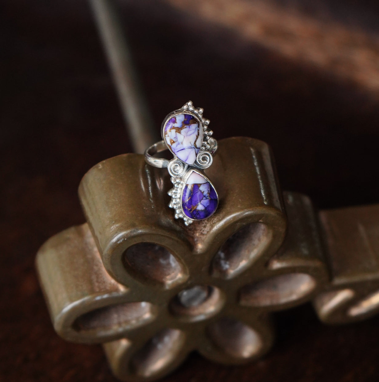 2 Stone Teardrop Violet Rose Dahlia Ring - Adj